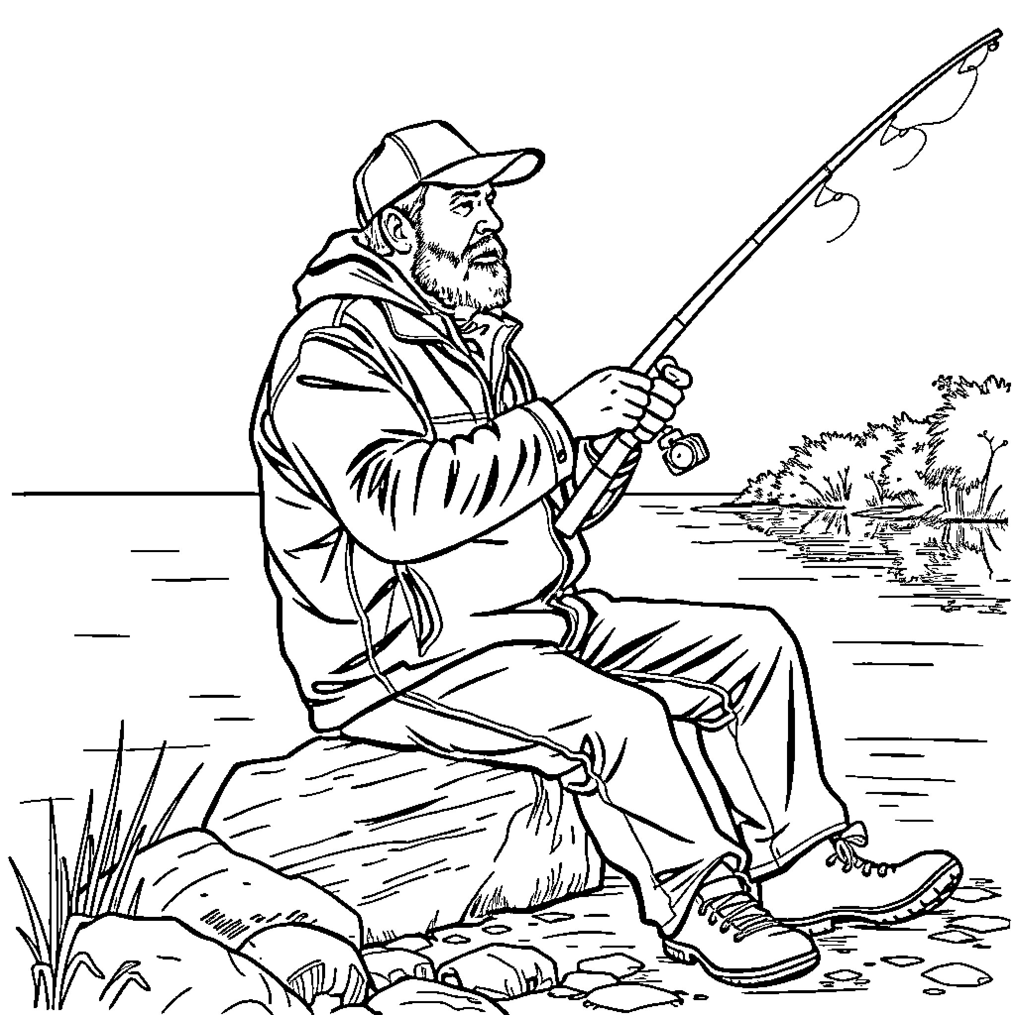 Fisherman sitting by the riverbank with fishing rod Coloring Page (free black-and-white line drawing printable PDF for all, from beginners to advanced learners, including children, teens, adults, and seniors)