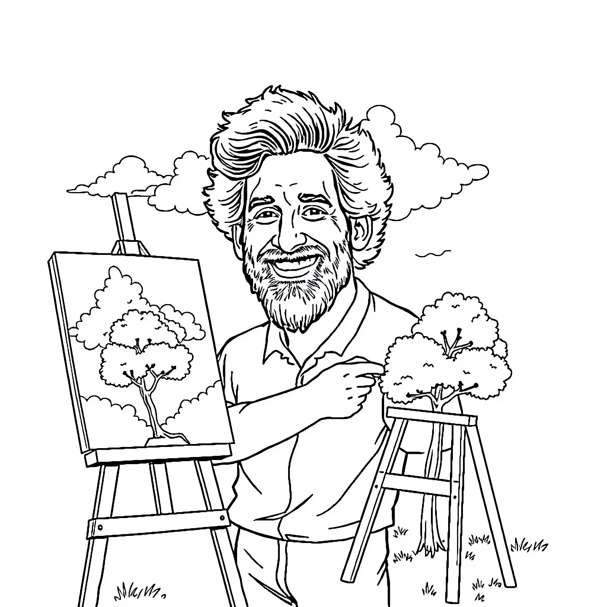 Bob Ross painting a serene landscape on an easel Coloring Page (free black-and-white line drawing printable PDF for all, from beginners to advanced learners, including children, teens, adults, and seniors)