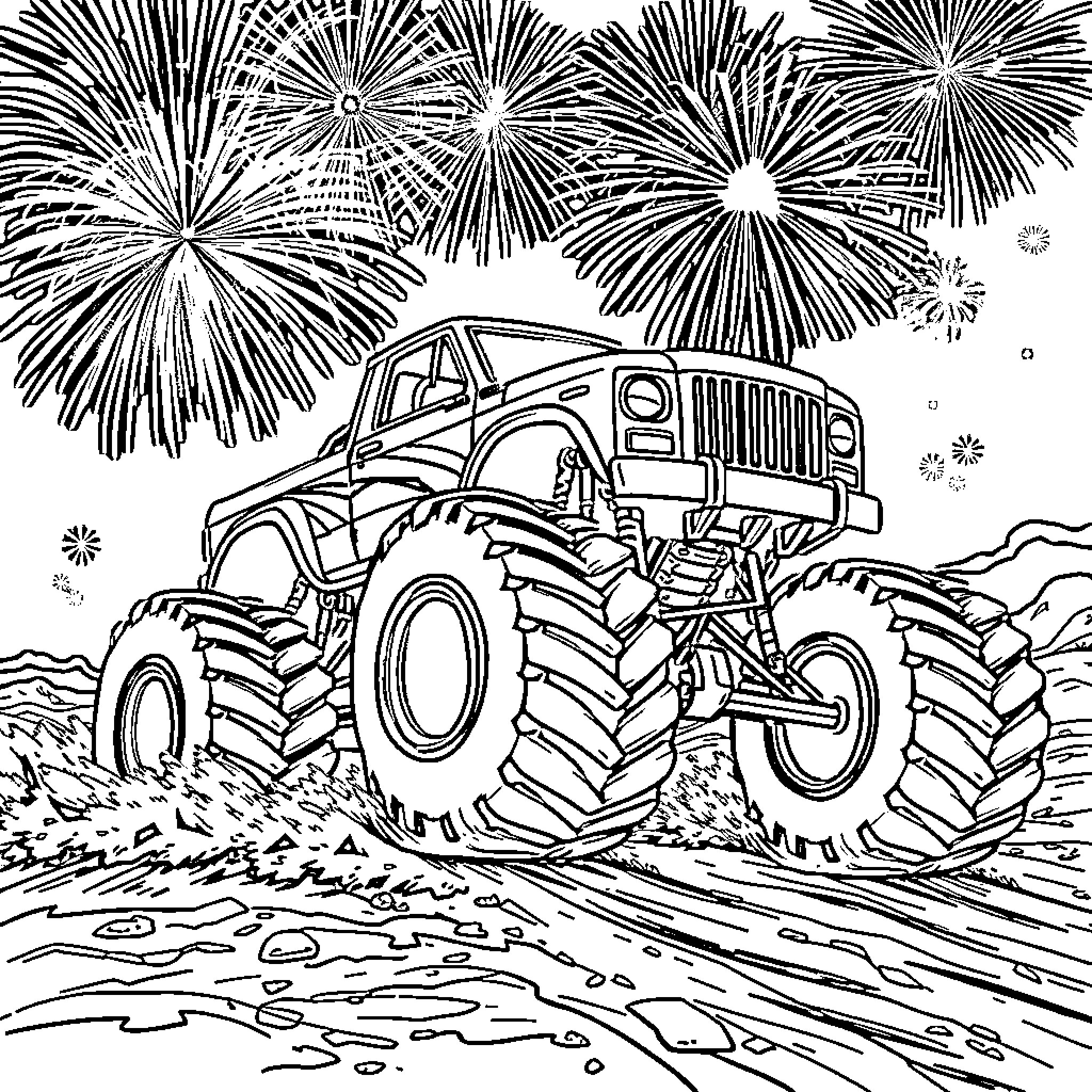 Monstertruck jumping over rocky terrain with fireworks Coloring Page (free black-and-white line drawing printable PDF for all, from beginners to advanced learners, including children, teens, adults, and seniors)