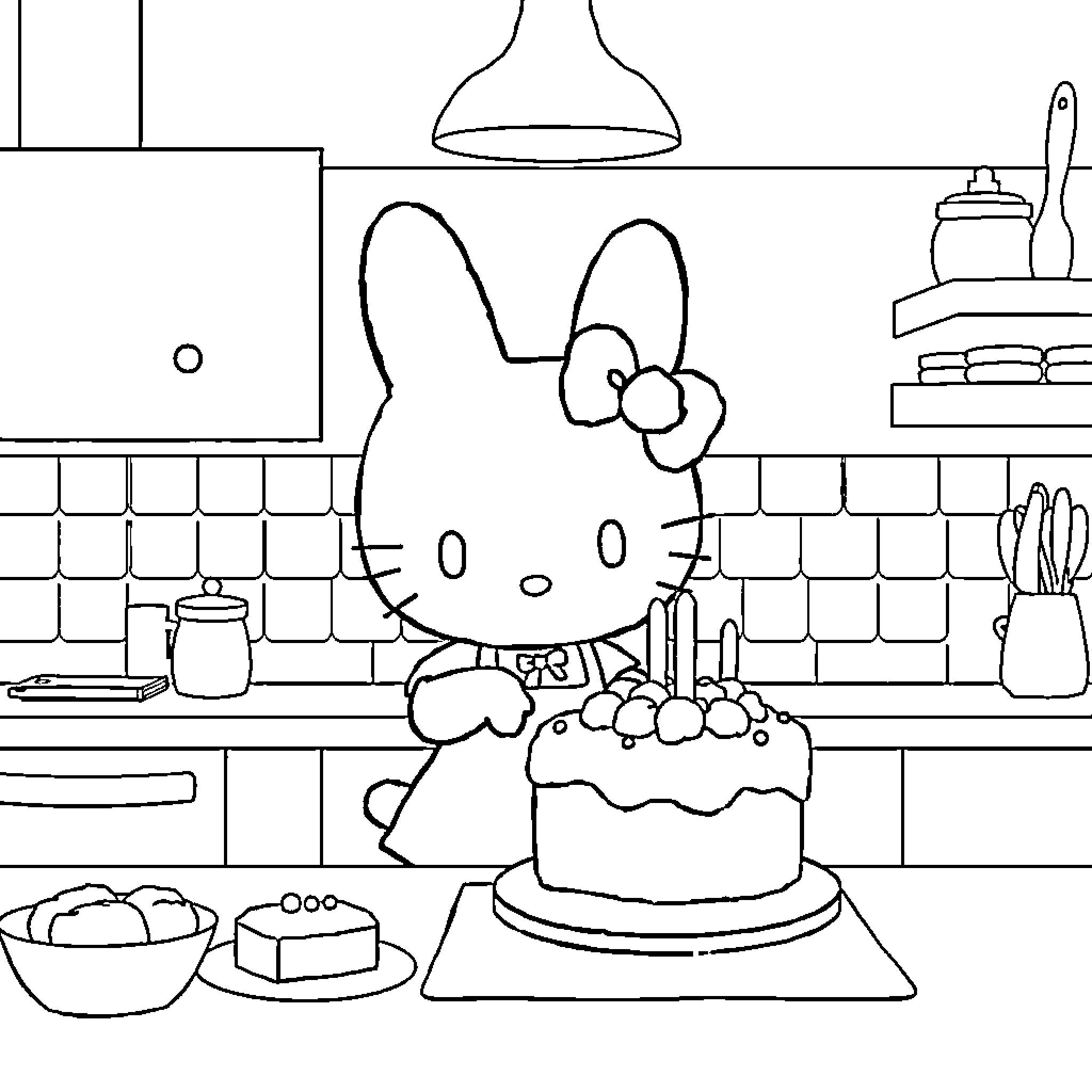 My Melody Baking a Cake in the Kitchen Coloring Page (free black-and-white line drawing printable PDF for all, from beginners to advanced learners, including children, teens, adults, and seniors)