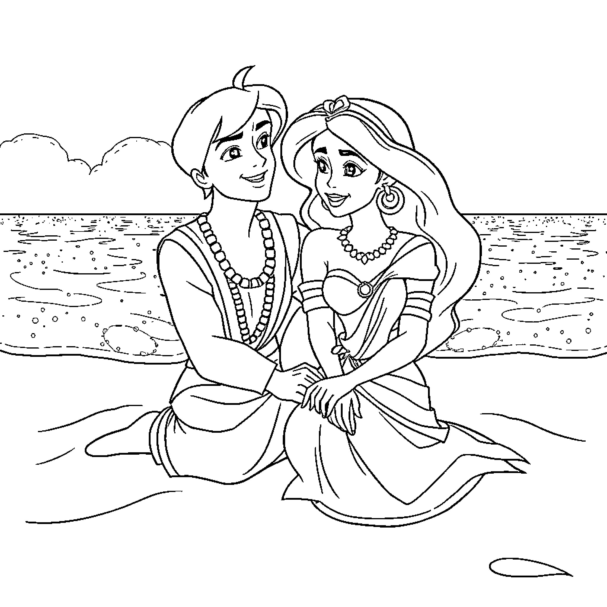 Aladdin and Princess Jasmine in romantic beach scene Coloring Page (free black-and-white line drawing printable PDF for all, from beginners to advanced learners, including children, teens, adults, and seniors)