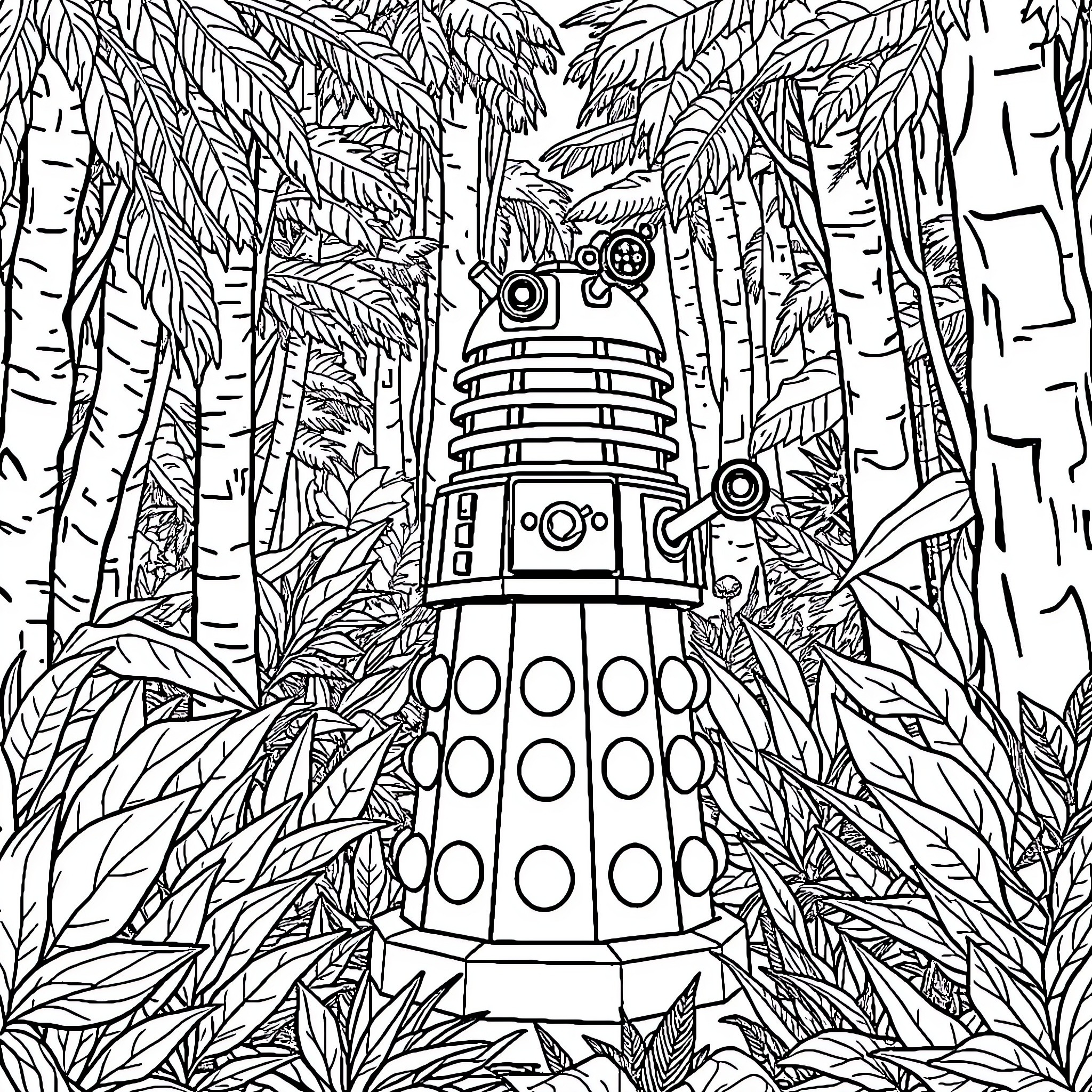 Dalek exploring the lush jungle Coloring Page (free black-and-white line drawing printable PDF for all, from beginners to advanced learners, including children, teens, adults, and seniors)