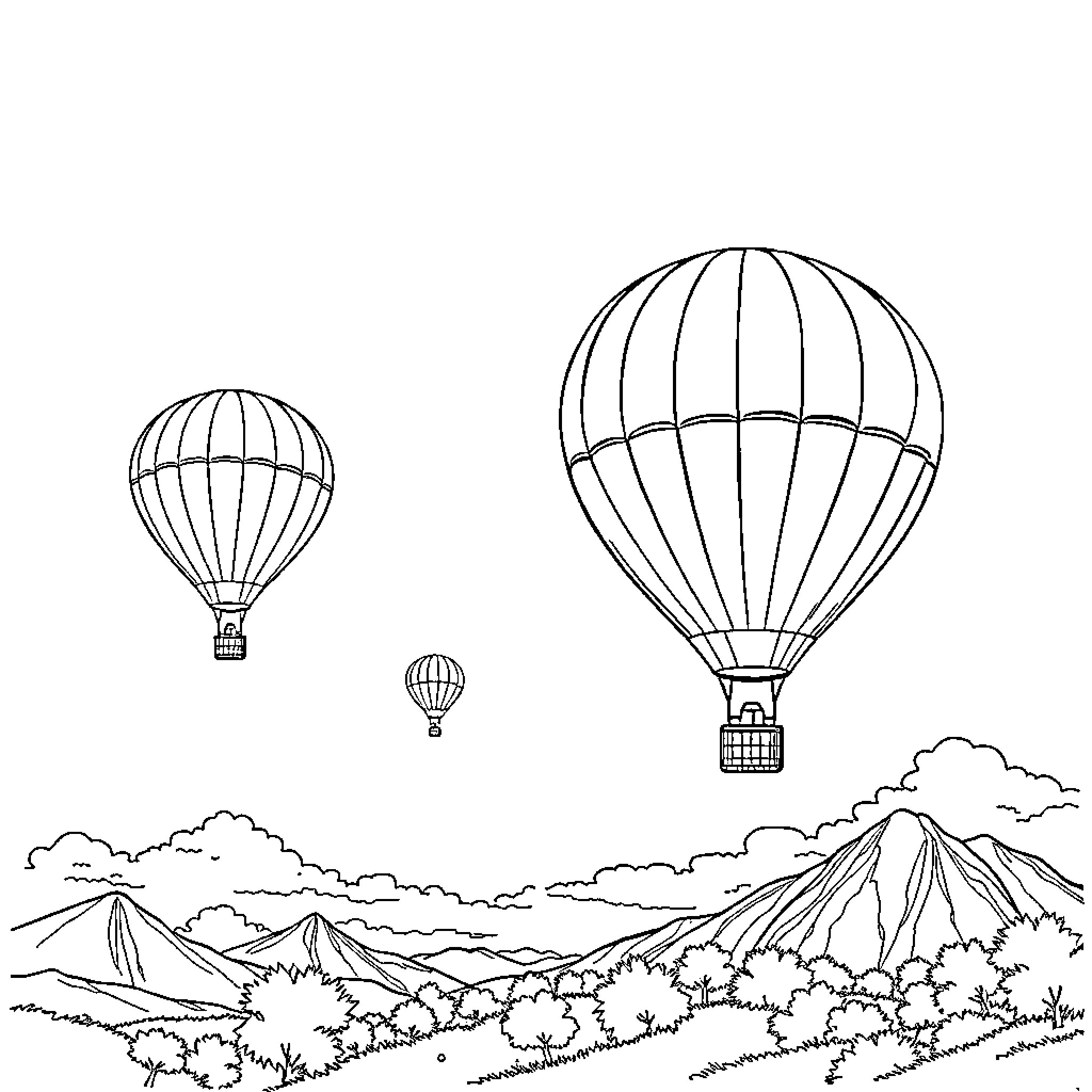 Hot Air Balloon Adventure Over Mountain Landscape Coloring Page (free black-and-white line drawing printable PDF for all, from beginners to advanced learners, including children, teens, adults, and seniors)