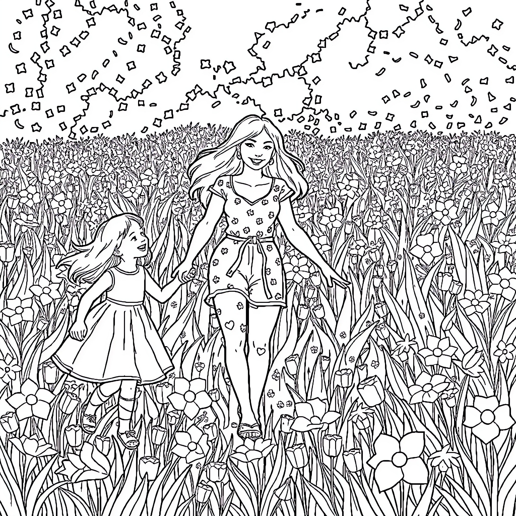 Mother and Daughter Enjoying Nature's Beauty Coloring Page (free black-and-white line drawing printable PDF for all, from beginners to advanced learners, including children, teens, adults, and seniors)