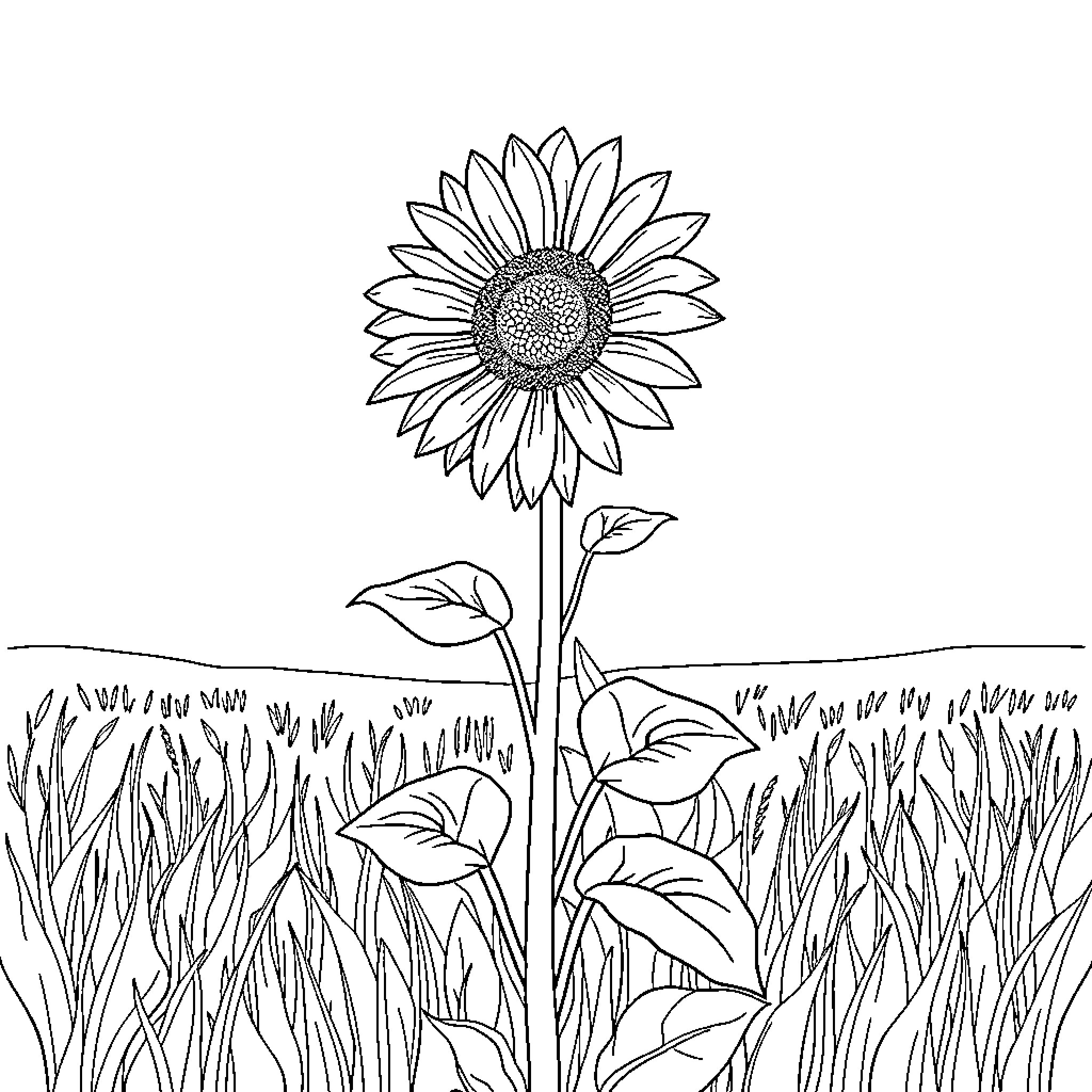 Sunflower standing tall in a grassy field Coloring Page (free black-and-white line drawing printable PDF for all, from beginners to advanced learners, including children, teens, adults, and seniors)