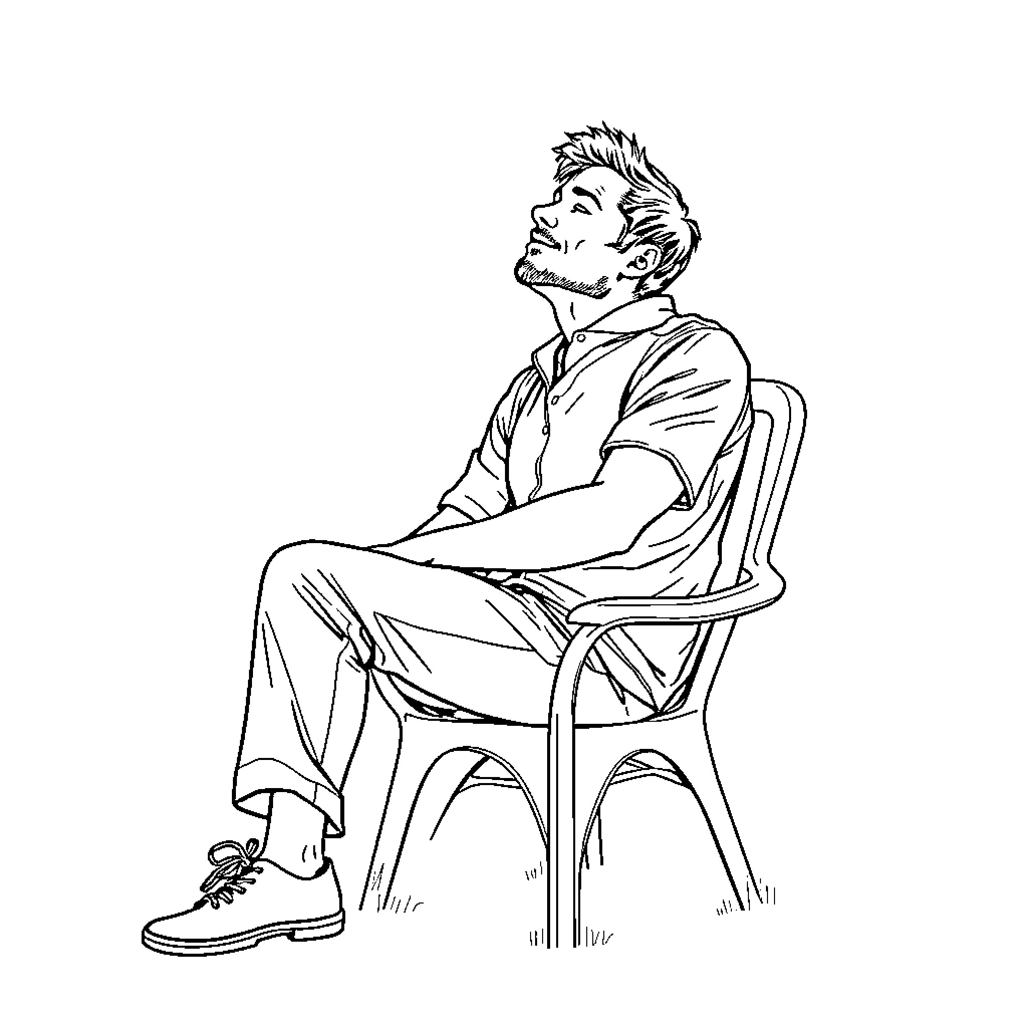 Man sitting on chair with contemplative expression Coloring Page (free black-and-white line drawing printable PDF for all, from beginners to advanced learners, including children, teens, adults, and seniors)