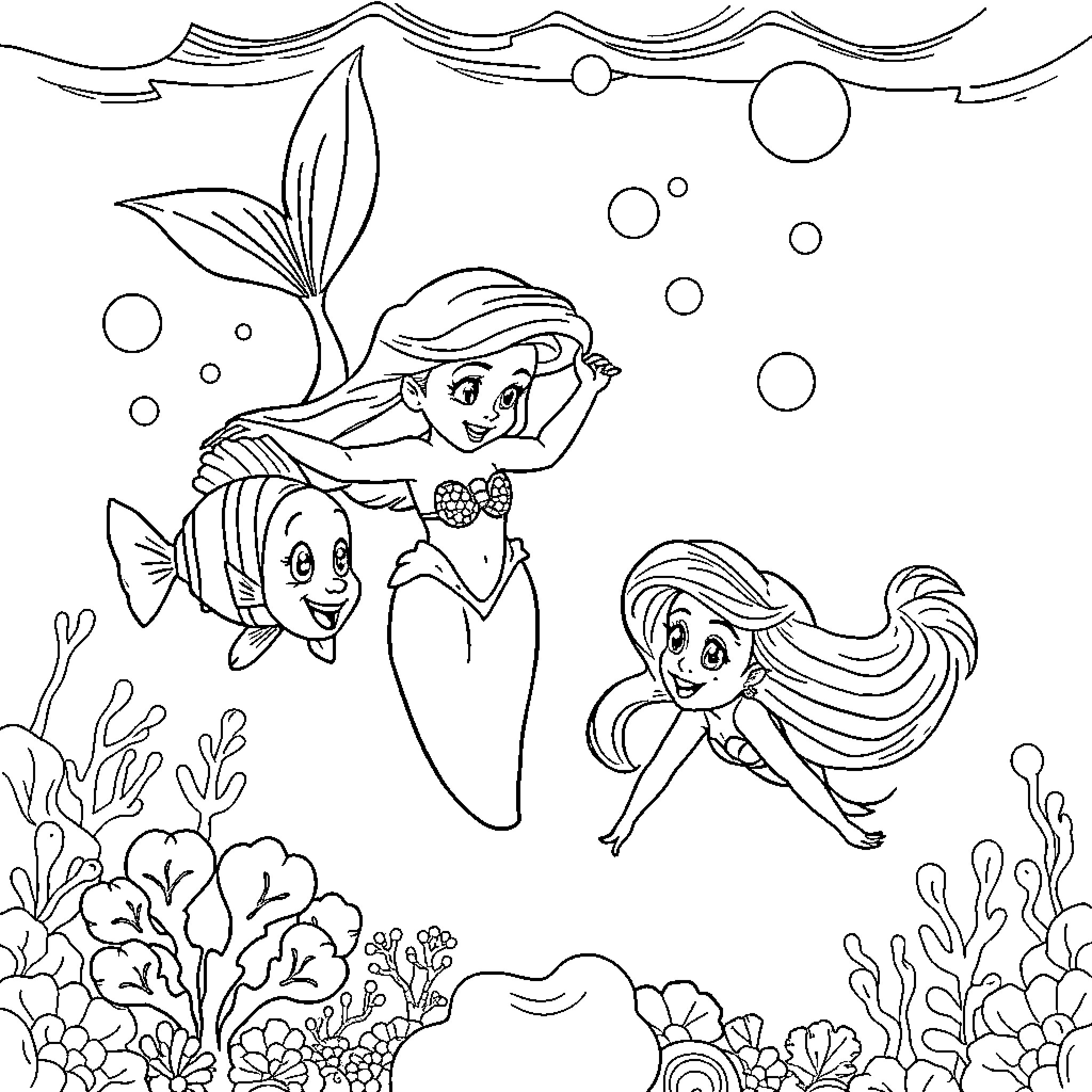 Ariel and friends swimming in the underwater world Coloring Page (free black-and-white line drawing printable PDF for all, from beginners to advanced learners, including children, teens, adults, and seniors)
