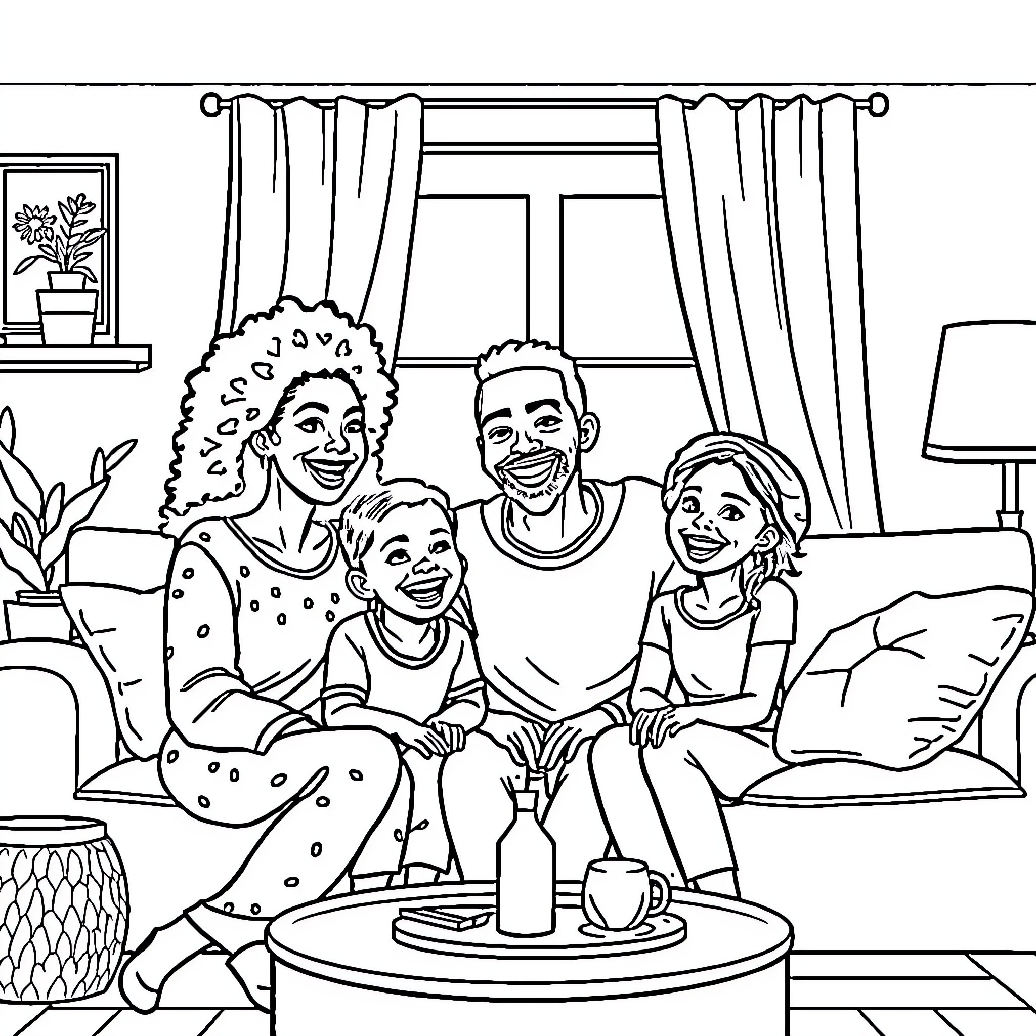 Family enjoying quality time together at home Coloring Page (free black-and-white line drawing printable PDF for all, from beginners to advanced learners, including children, teens, adults, and seniors)
