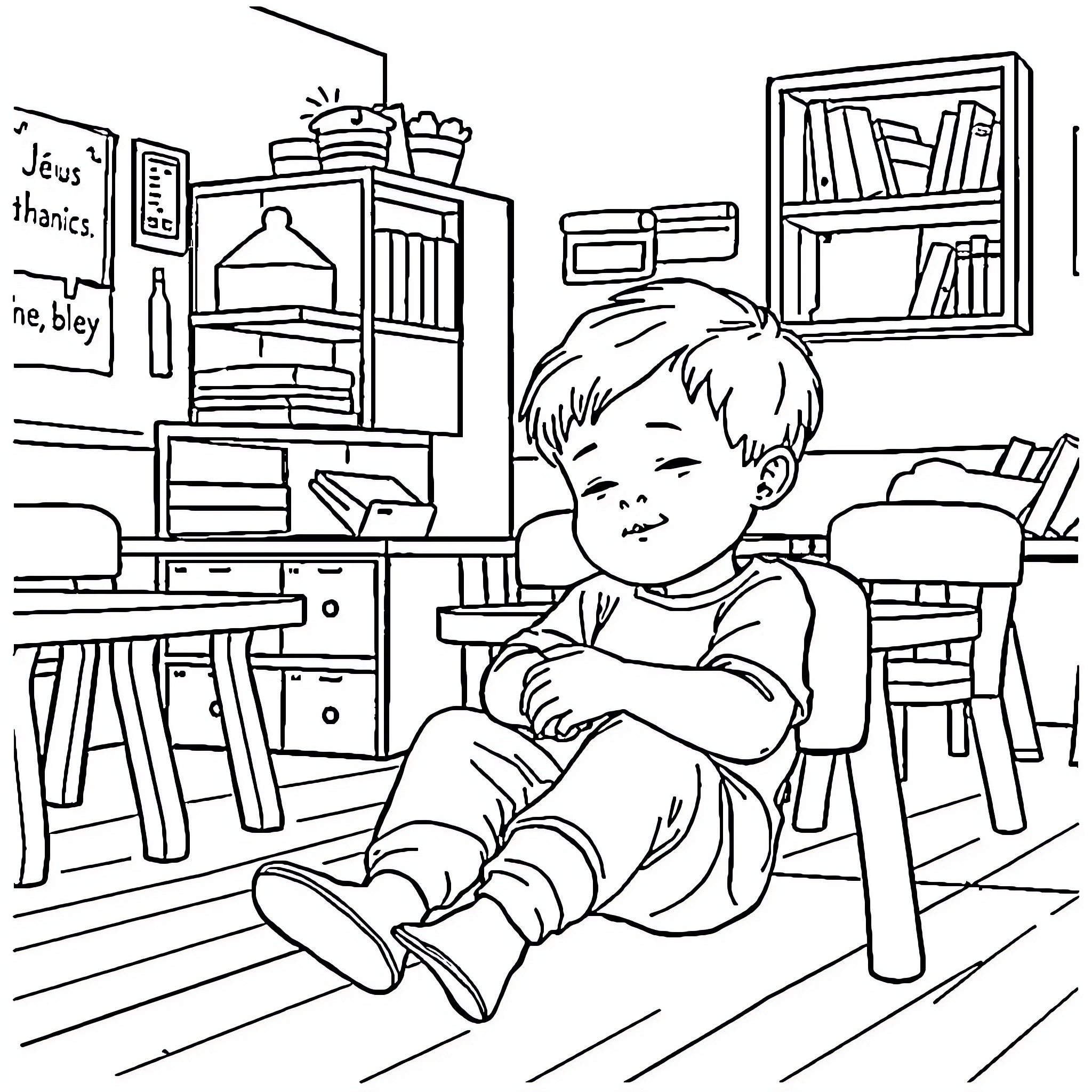 Enfant jouant avec des jouets dans sa chambre Coloring Page (free black-and-white line drawing printable PDF for all, from beginners to advanced learners, including children, teens, adults, and seniors)