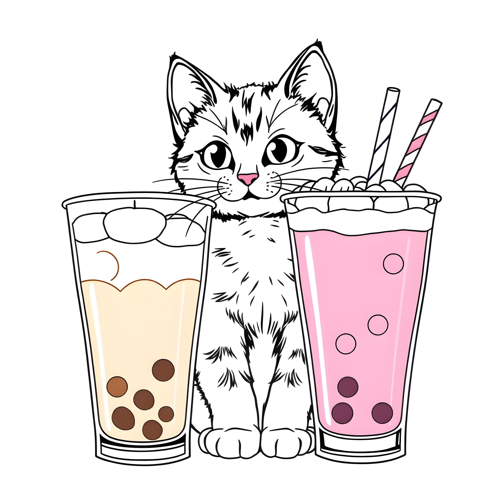 Cat enjoying colorful drinks Coloring Page (free black-and-white line drawing printable PDF for all, from beginners to advanced learners, including children, teens, adults, and seniors)