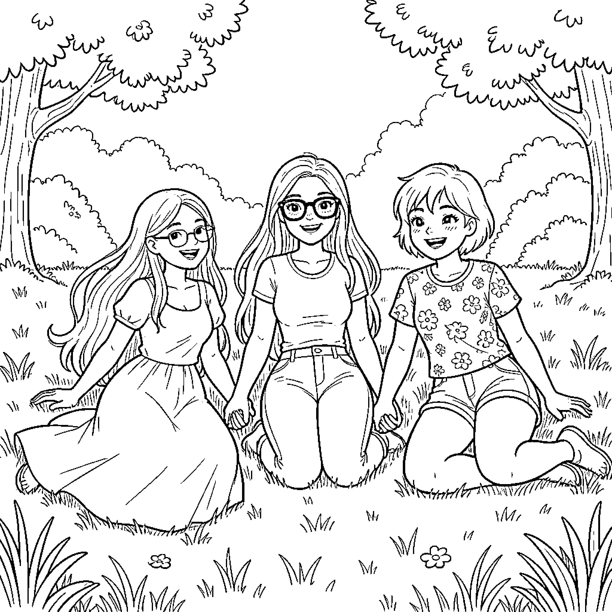 Fille enjoying a day outdoors with friends Coloring Page (free black-and-white line drawing printable PDF for all, from beginners to advanced learners, including children, teens, adults, and seniors)
