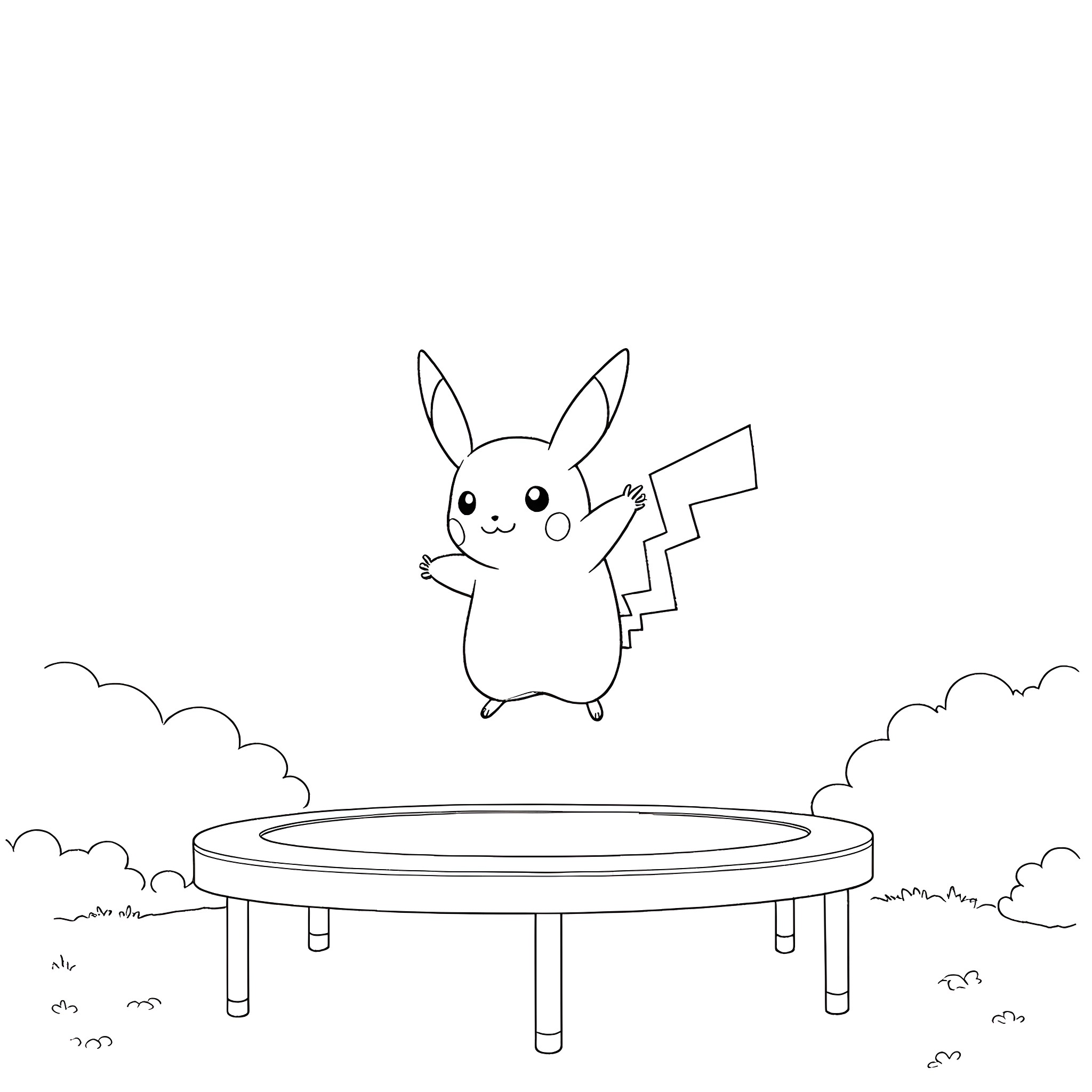 Pikachu jumping on a trampoline Coloring Page (free black-and-white line drawing printable PDF for all, from beginners to advanced learners, including children, teens, adults, and seniors)