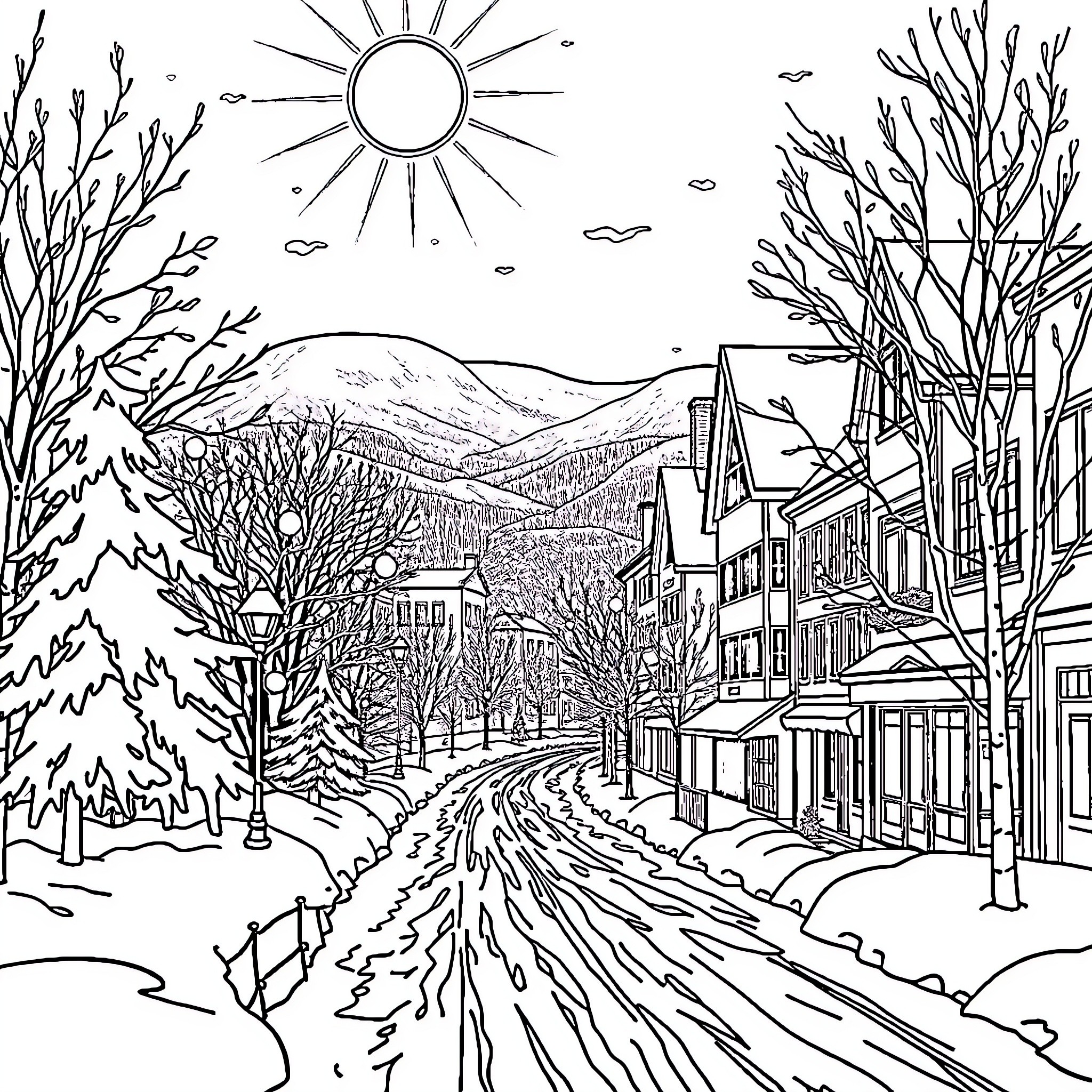 Frozen winter landscape with snowy town and mountains Coloring Page (free black-and-white line drawing printable PDF for all, from beginners to advanced learners, including children, teens, adults, and seniors)