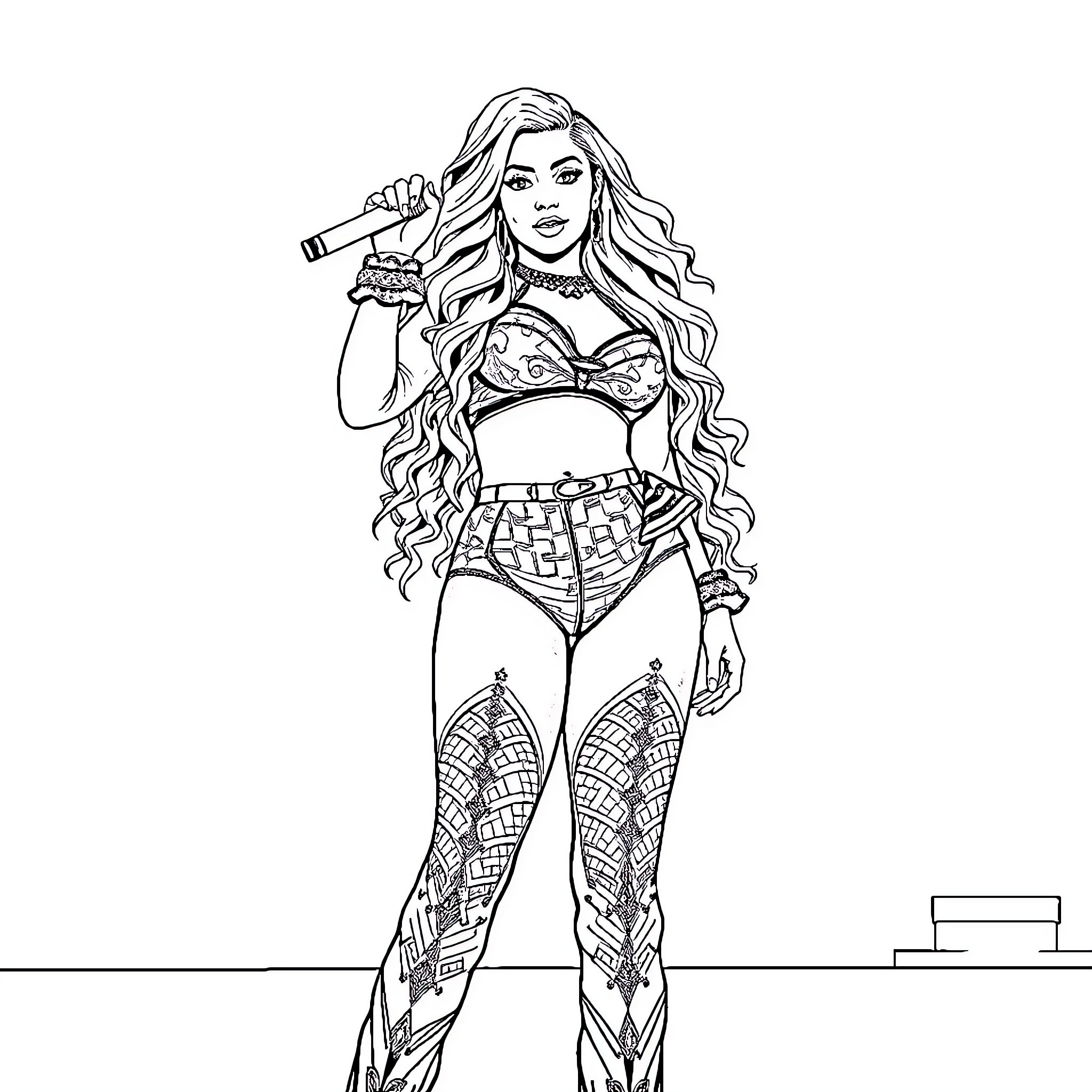 Nicki Minaj performing on stage with microphone Coloring Page (free black-and-white line drawing printable PDF for all, from beginners to advanced learners, including children, teens, adults, and seniors)