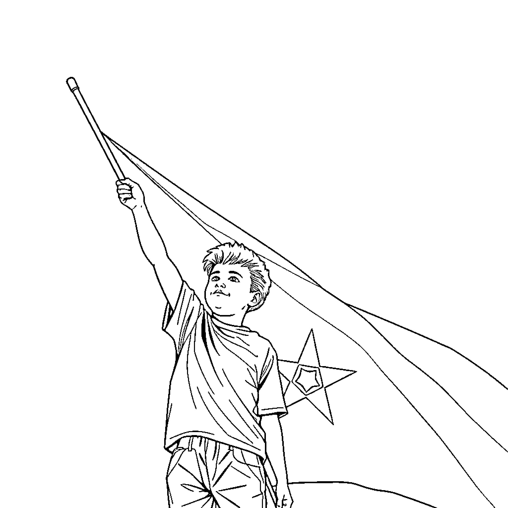Boy waving a star flag with enthusiasm Coloring Page (free black-and-white line drawing printable PDF for all, from beginners to advanced learners, including children, teens, adults, and seniors)