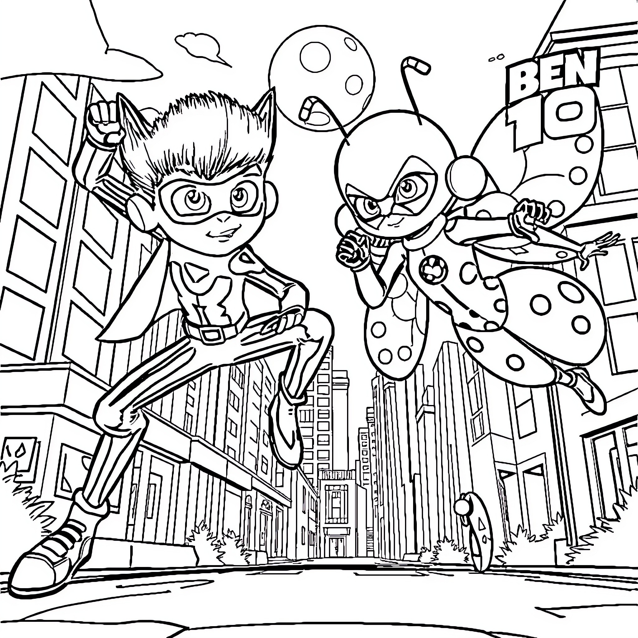 Ben 10 Heroes Saving the City Coloring Page (free black-and-white line drawing printable PDF for all, from beginners to advanced learners, including children, teens, adults, and seniors)