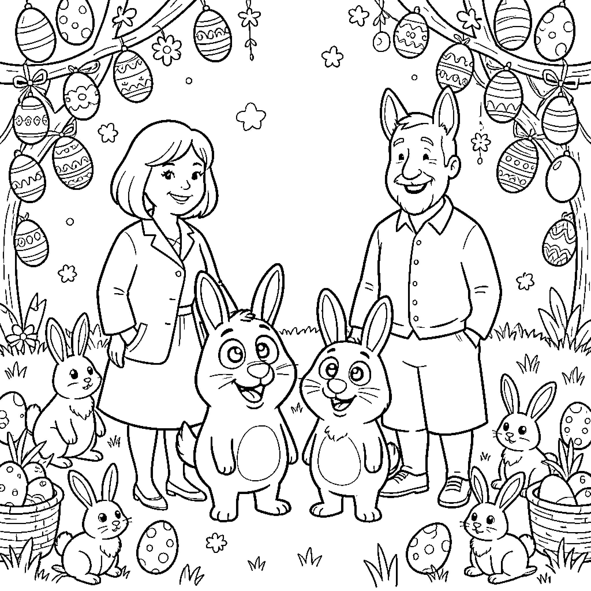 Bluey and family enjoying Easter with bunnies and eggs Coloring Page (free black-and-white line drawing printable PDF for all, from beginners to advanced learners, including children, teens, adults, and seniors)