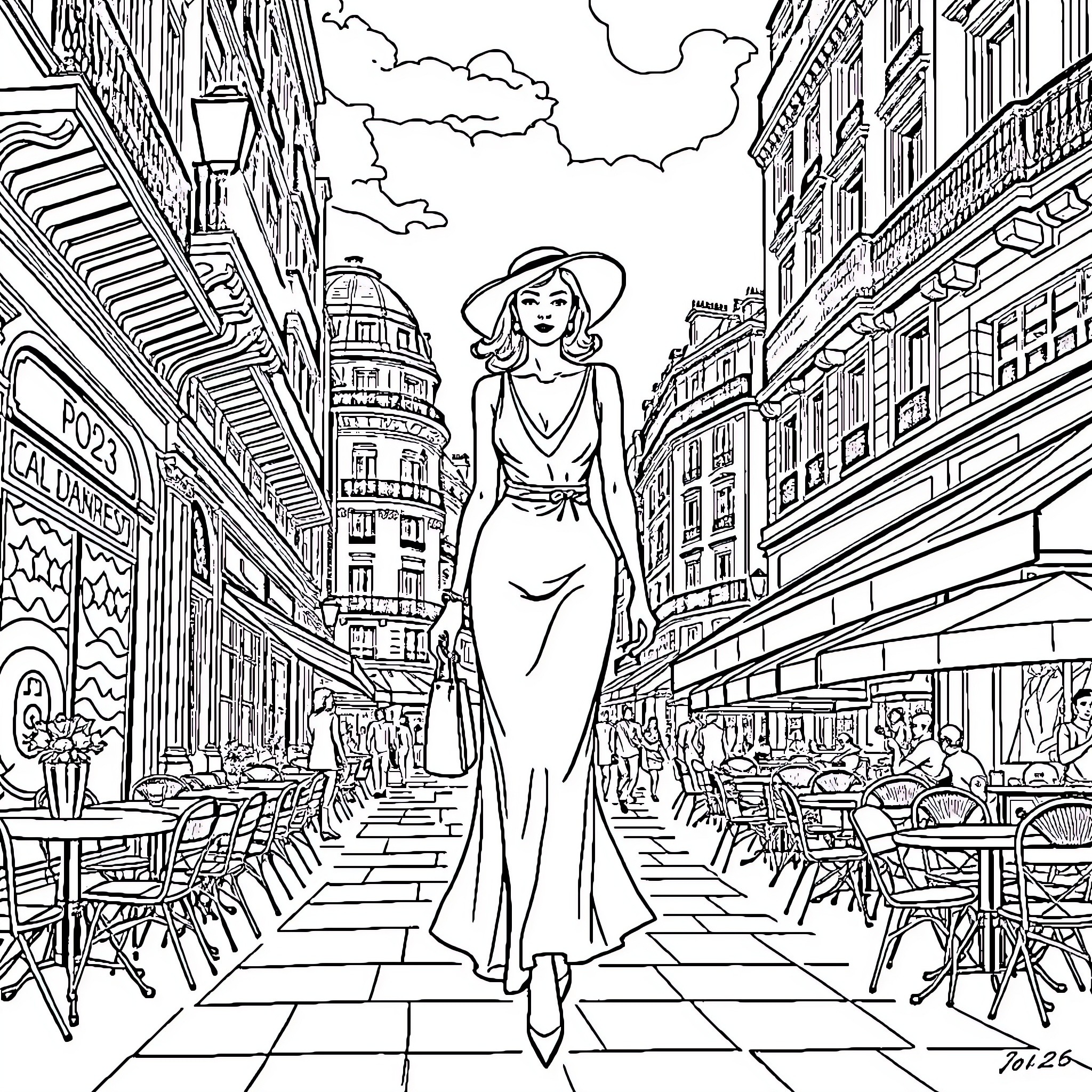 Lady strolling down a Parisian street Coloring Page (free black-and-white line drawing printable PDF for all, from beginners to advanced learners, including children, teens, adults, and seniors)