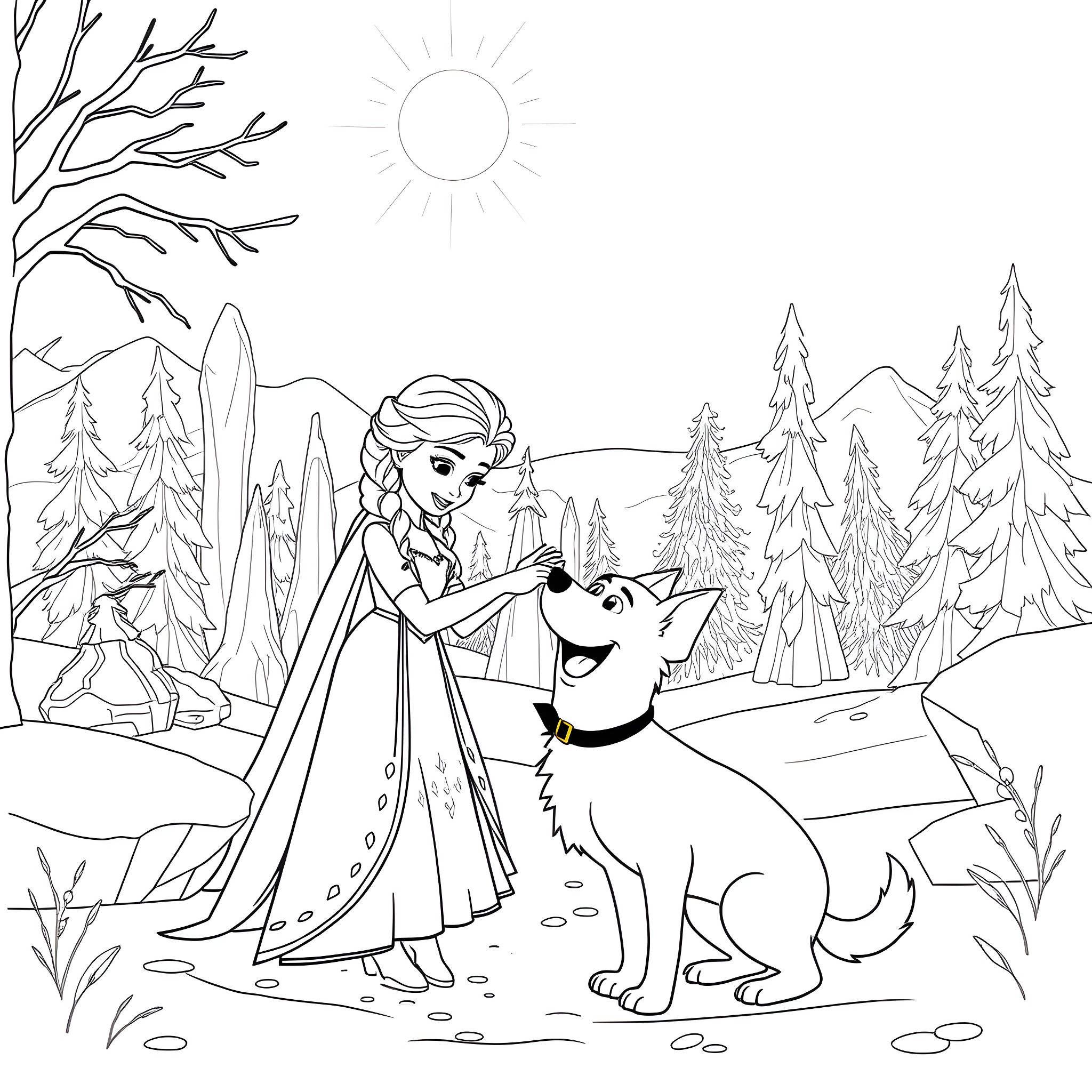 Elsa and Olaf enjoying the winter wonderland Coloring Page (free black-and-white line drawing printable PDF for all, from beginners to advanced learners, including children, teens, adults, and seniors)