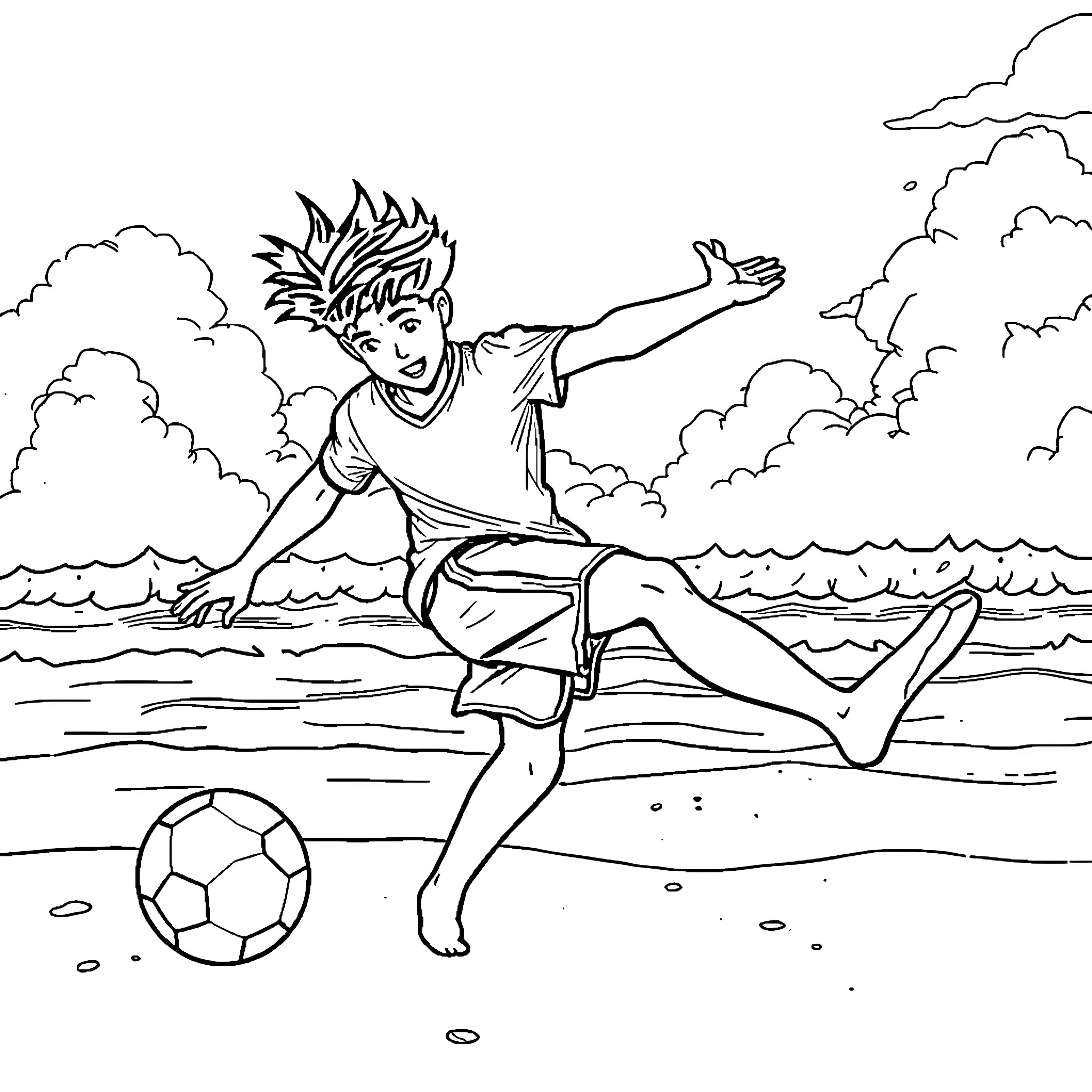 Hisoka playing soccer on the beach Coloring Page (free black-and-white line drawing printable PDF for all, from beginners to advanced learners, including children, teens, adults, and seniors)