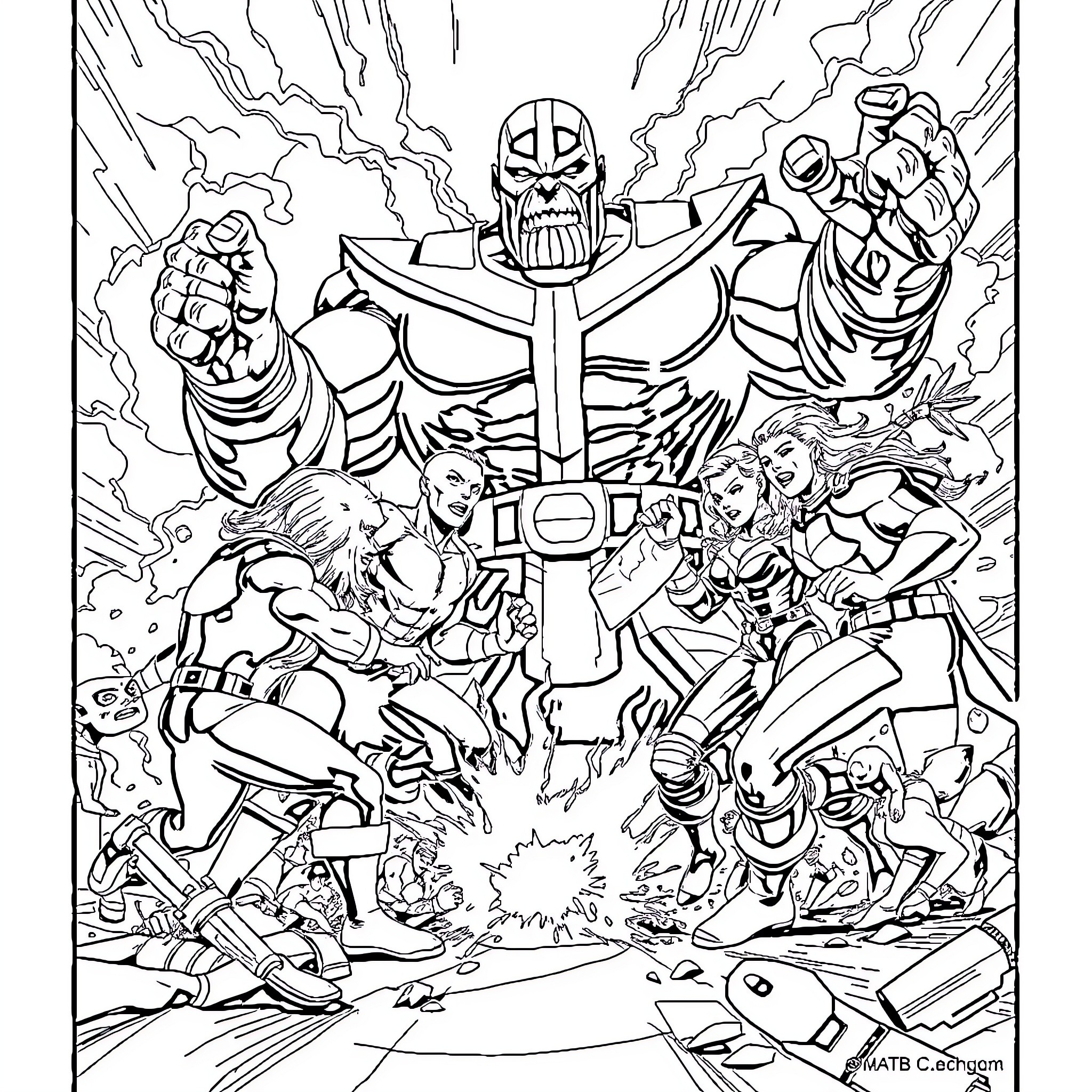 Fantastic 4: Superheroes in Epic Battle Coloring Page (free black-and-white line drawing printable PDF for all, from beginners to advanced learners, including children, teens, adults, and seniors)