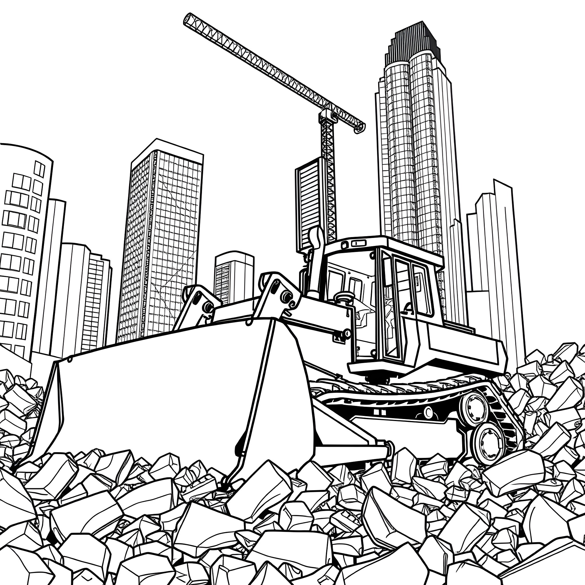 Bulldozer working on cityscape construction site Coloring Page (free black-and-white line drawing printable PDF for all, from beginners to advanced learners, including children, teens, adults, and seniors)