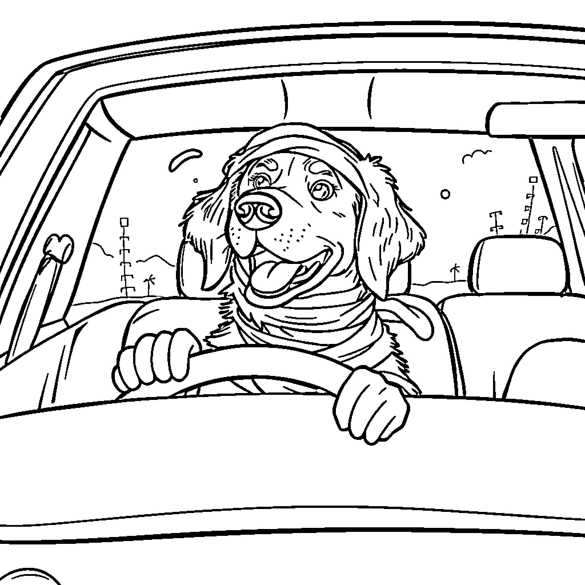 Golden Retriever driving happily in the car Coloring Page (free black-and-white line drawing printable PDF for all, from beginners to advanced learners, including children, teens, adults, and seniors)
