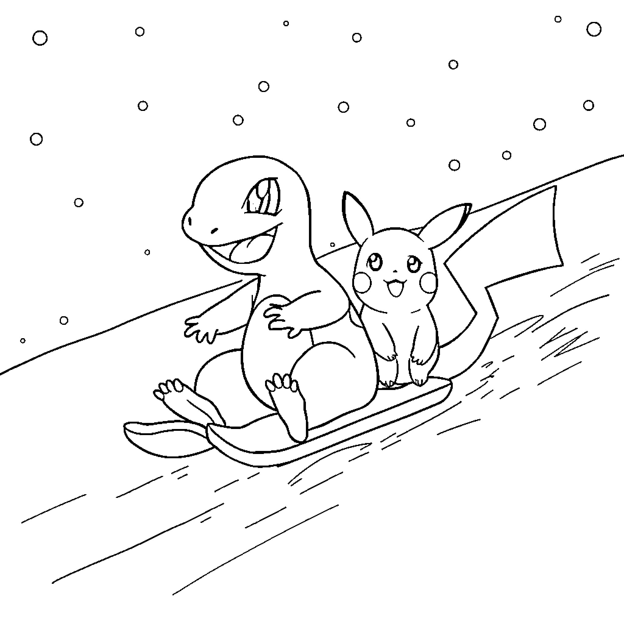 Charmander and Pikachu enjoying a winter sleigh ride Coloring Page (free black-and-white line drawing printable PDF for all, from beginners to advanced learners, including children, teens, adults, and seniors)