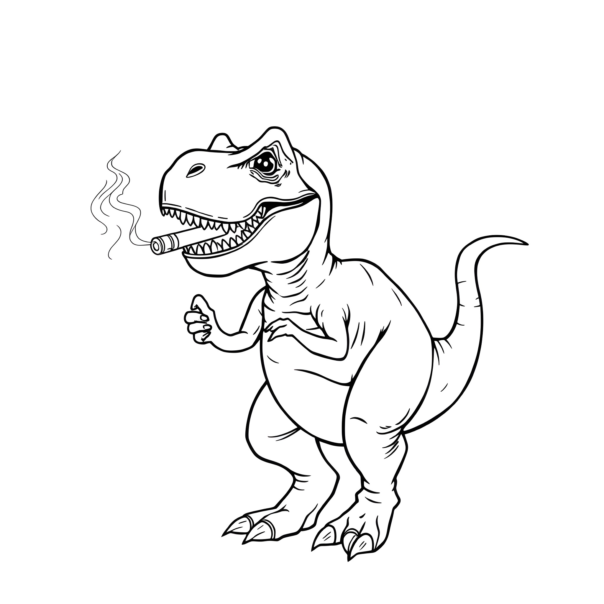 T-Rex Smoking a Cigar Coloring Page (free black-and-white line drawing printable PDF for all, from beginners to advanced learners, including children, teens, adults, and seniors)