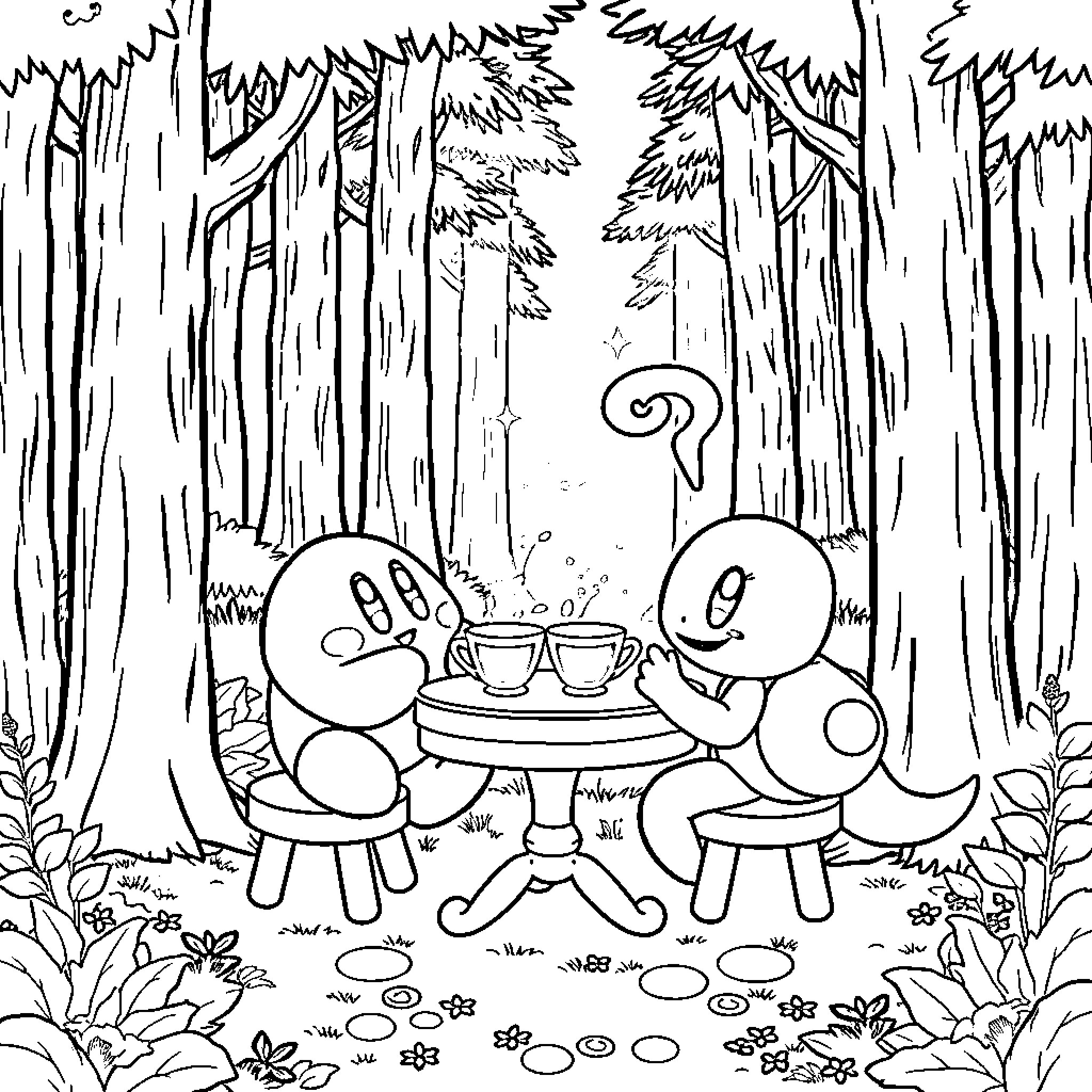 Kirby's Tea Party in the Enchanted Forest Coloring Page (free black-and-white line drawing printable PDF for all, from beginners to advanced learners, including children, teens, adults, and seniors)
