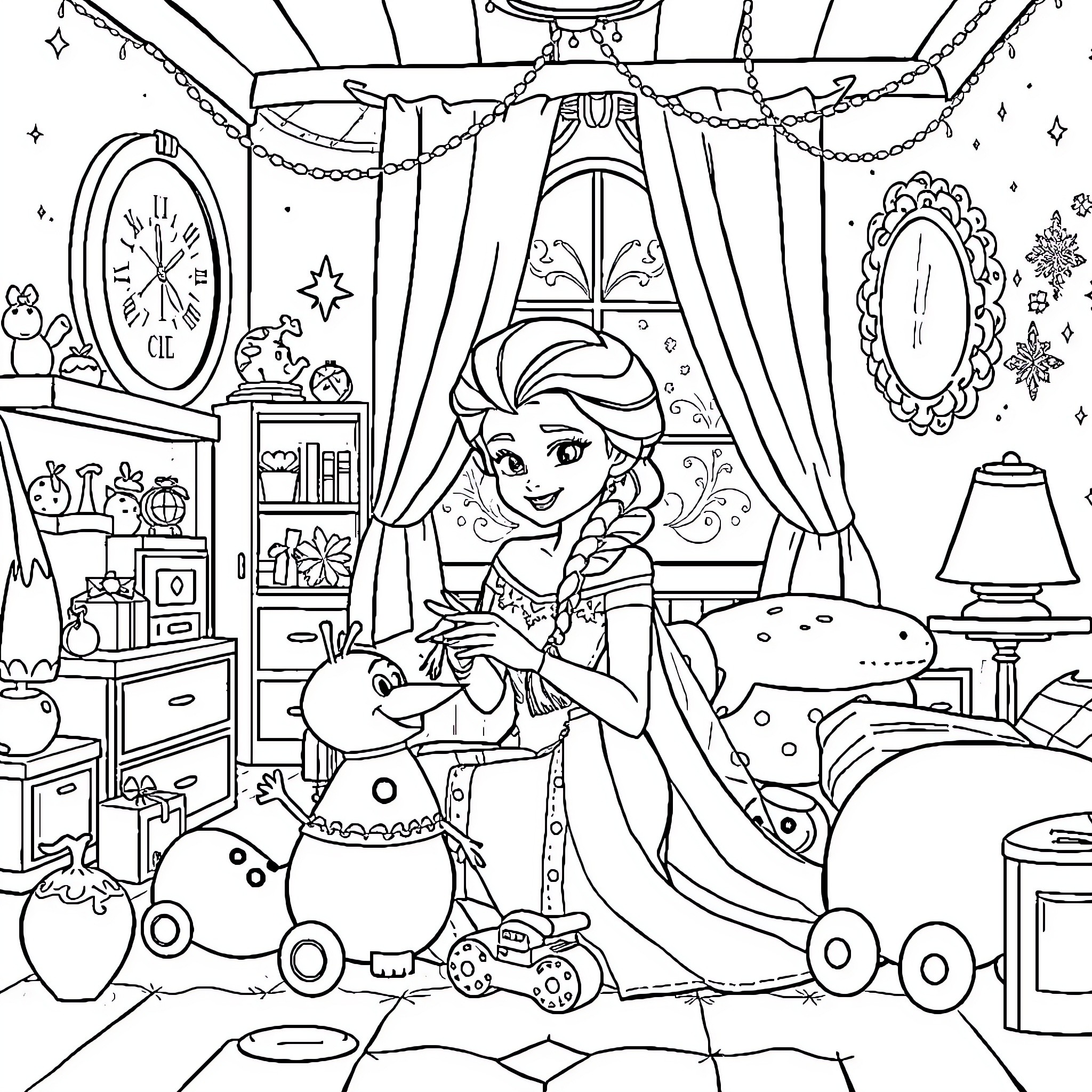 Elsa's Cozy Winter Evening in Her Bedroom Coloring Page (free black-and-white line drawing printable PDF for all, from beginners to advanced learners, including children, teens, adults, and seniors)