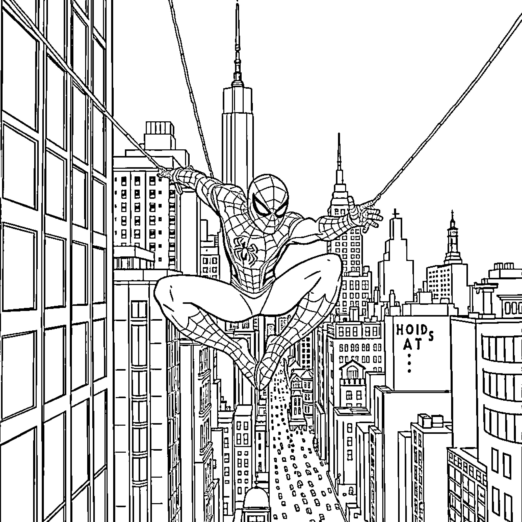 Spiderman swinging through the cityscape Coloring Page (free black-and-white line drawing printable PDF for all, from beginners to advanced learners, including children, teens, adults, and seniors)