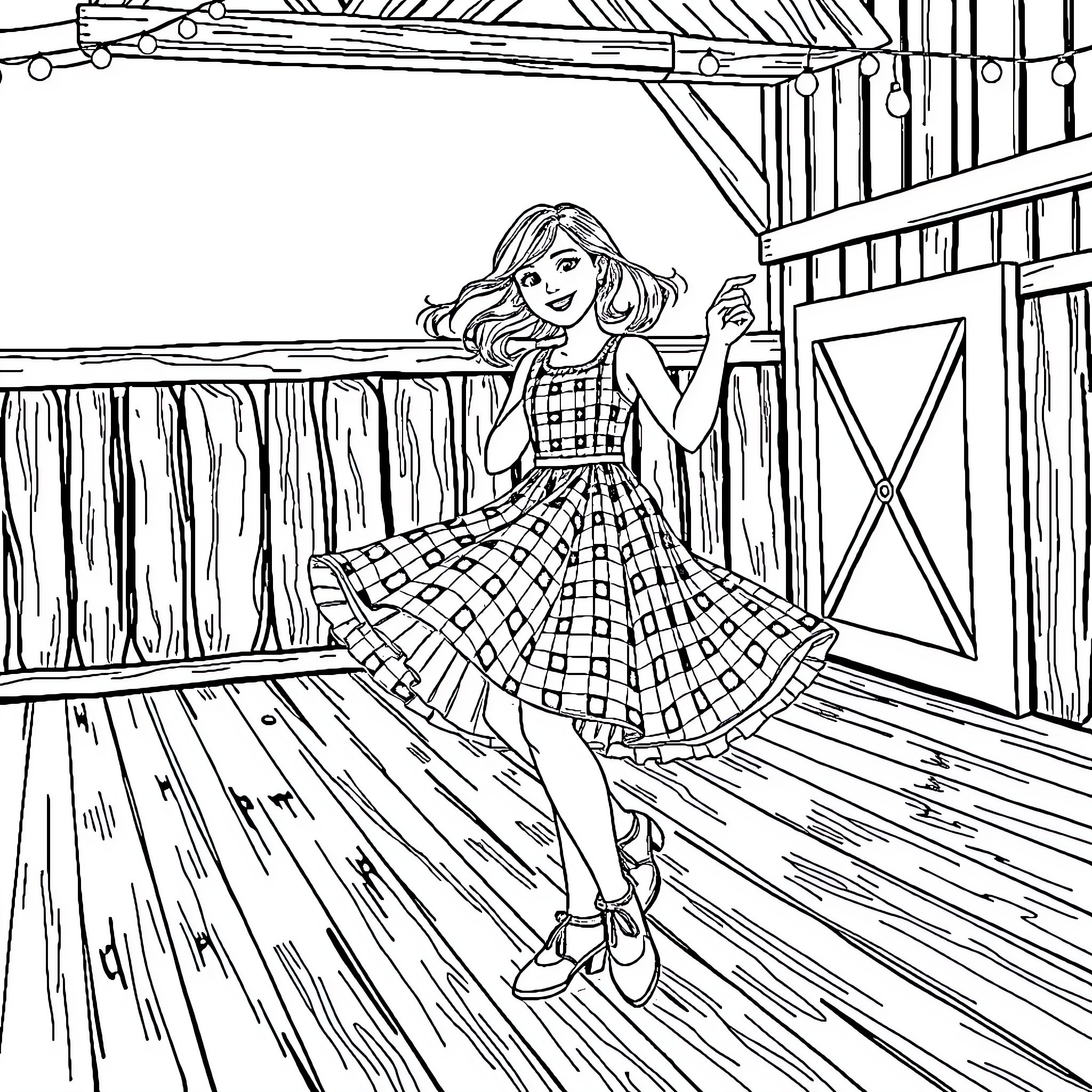Dancer in Checkered Dress Dancing Joyfully in Barn Coloring Page (free black-and-white line drawing printable PDF for all, from beginners to advanced learners, including children, teens, adults, and seniors)