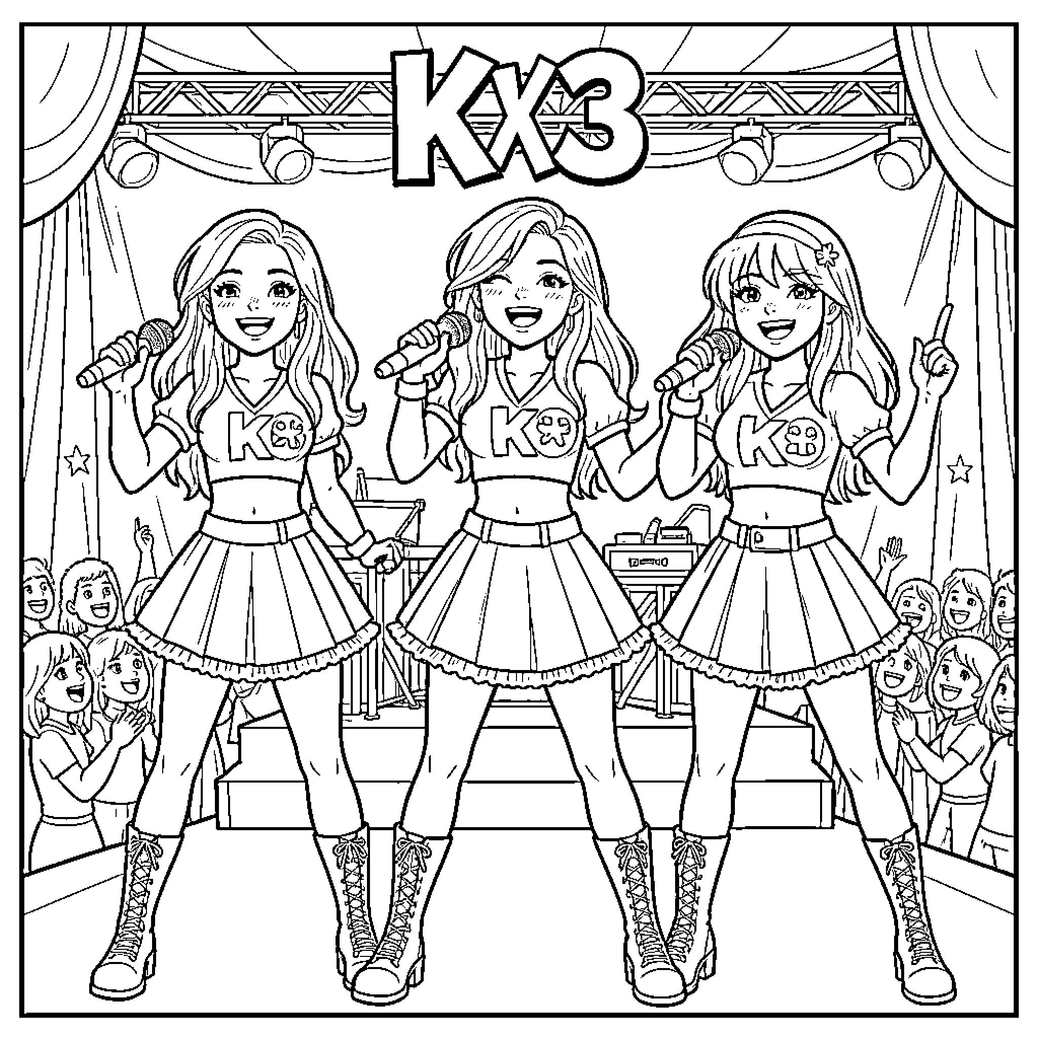 K3 Performing on Stage with Microphones Coloring Page (free black-and-white line drawing printable PDF for all, from beginners to advanced learners, including children, teens, adults, and seniors)