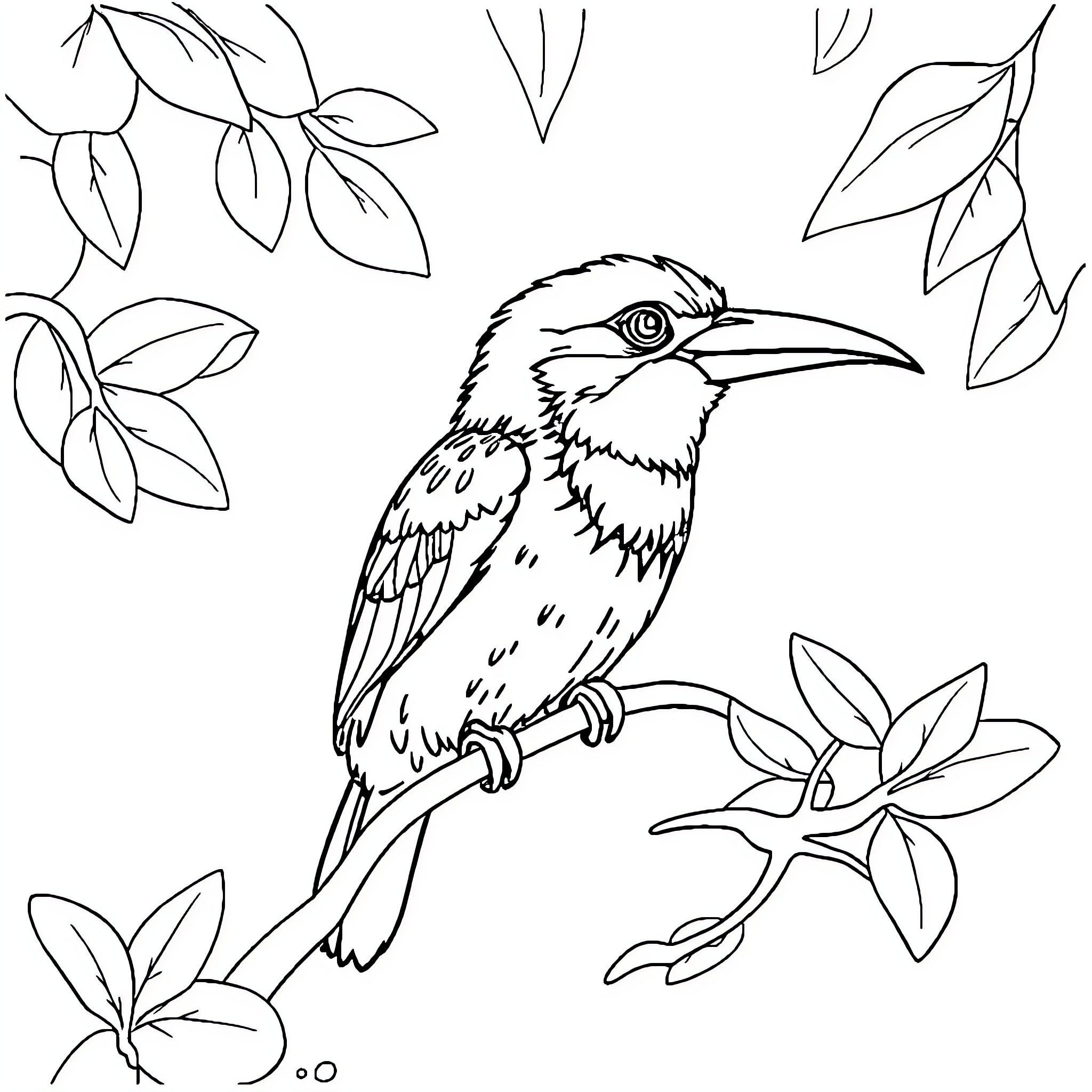 Bird perched among leaves and flowers Coloring Page (free black-and-white line drawing printable PDF for all, from beginners to advanced learners, including children, teens, adults, and seniors)