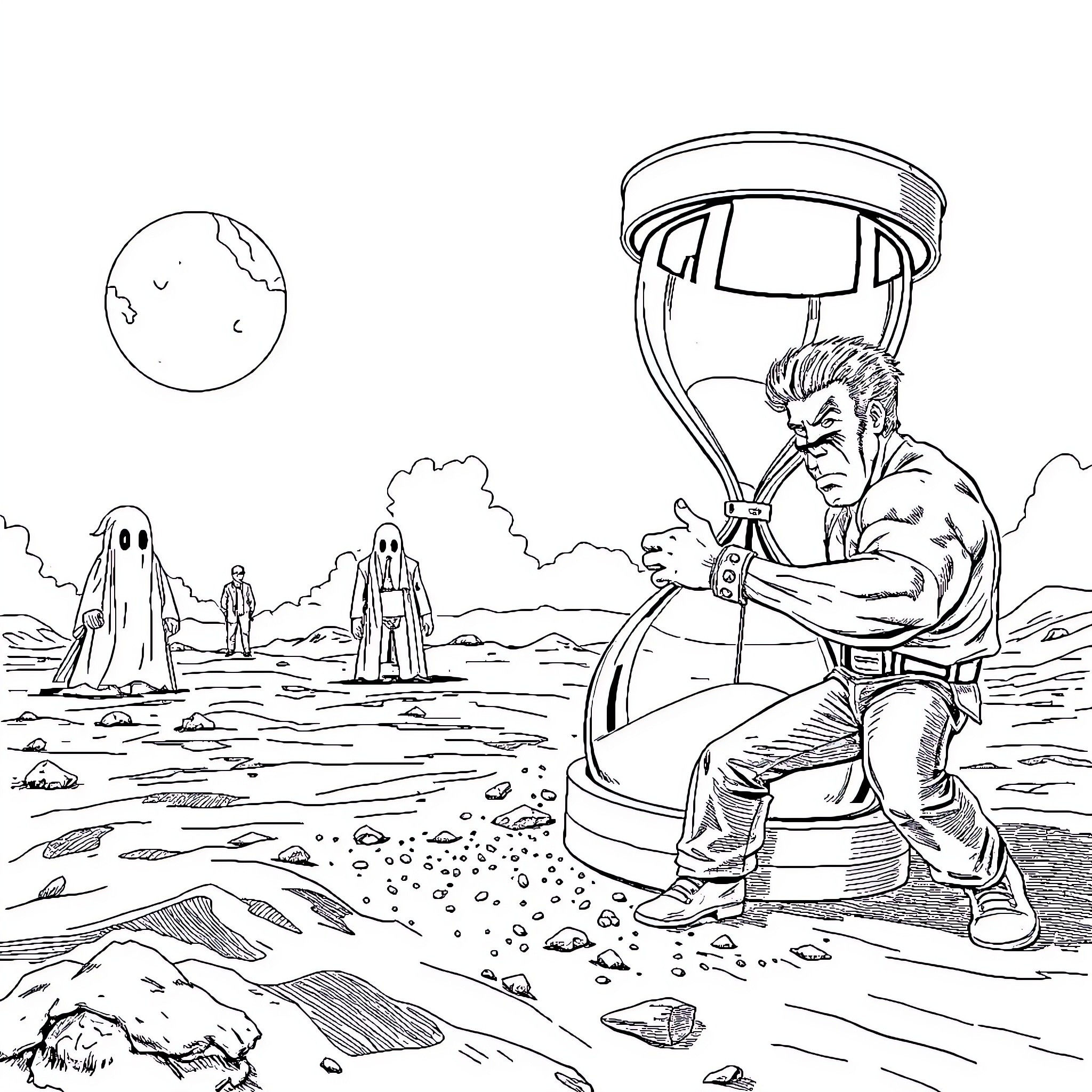 Sandclock sci-fi scene with astronaut and alien landscape Coloring Page (free black-and-white line drawing printable PDF for all, from beginners to advanced learners, including children, teens, adults, and seniors)