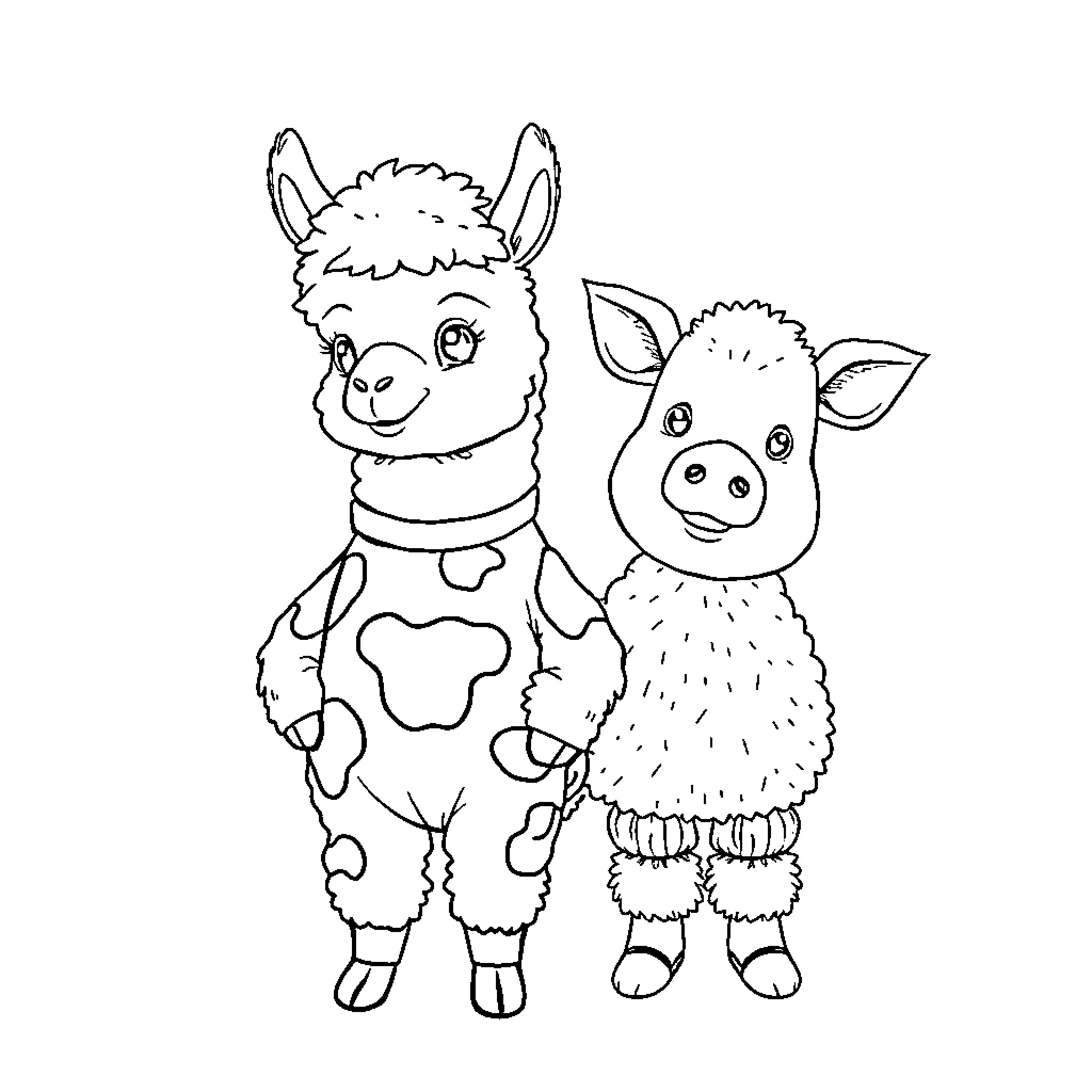 Alpaca friends enjoying a playful moment Coloring Page (free black-and-white line drawing printable PDF for all, from beginners to advanced learners, including children, teens, adults, and seniors)