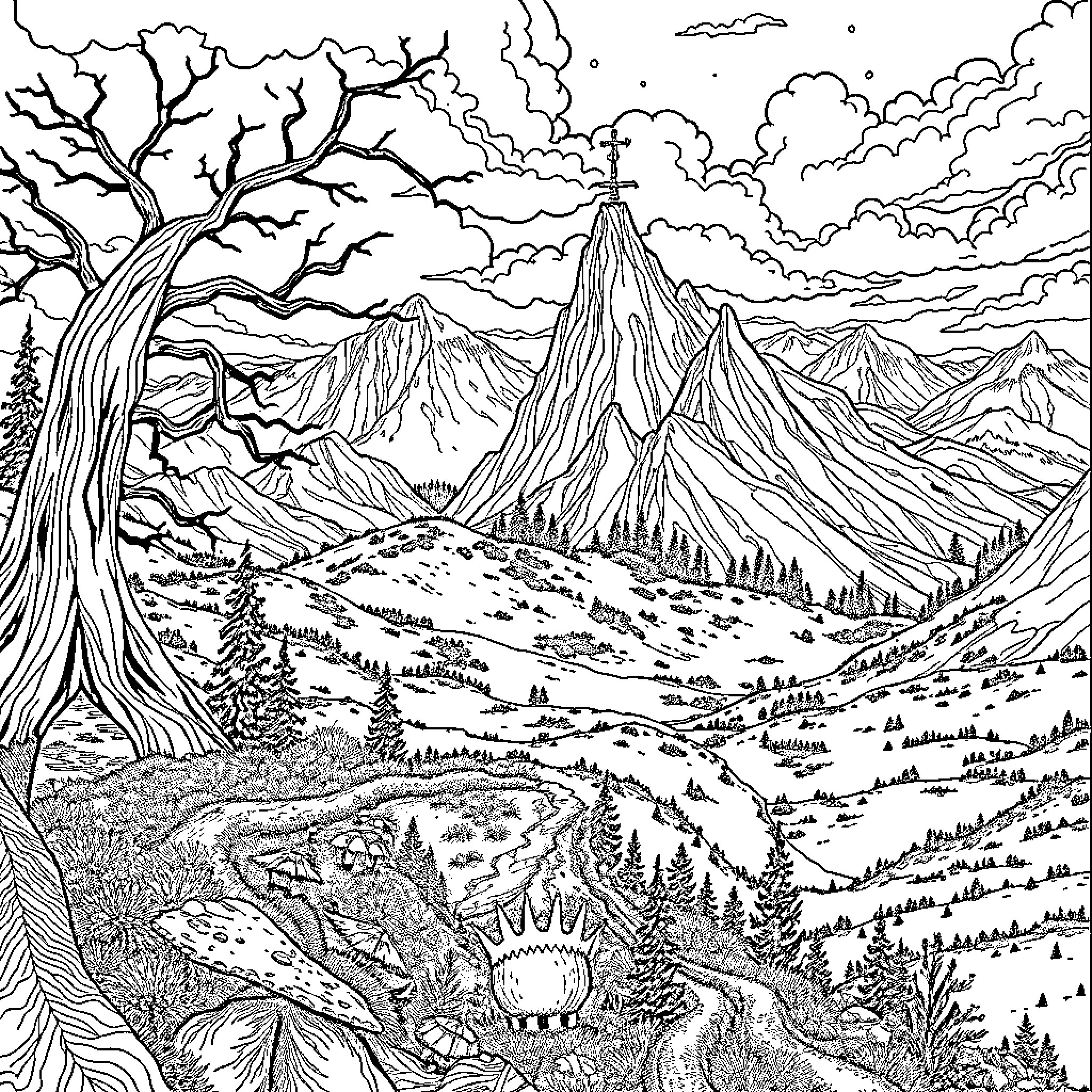 Hunteix Mystical Mountain Range and Enchanted Forest Coloring Page (free black-and-white line drawing printable PDF for all, from beginners to advanced learners, including children, teens, adults, and seniors)