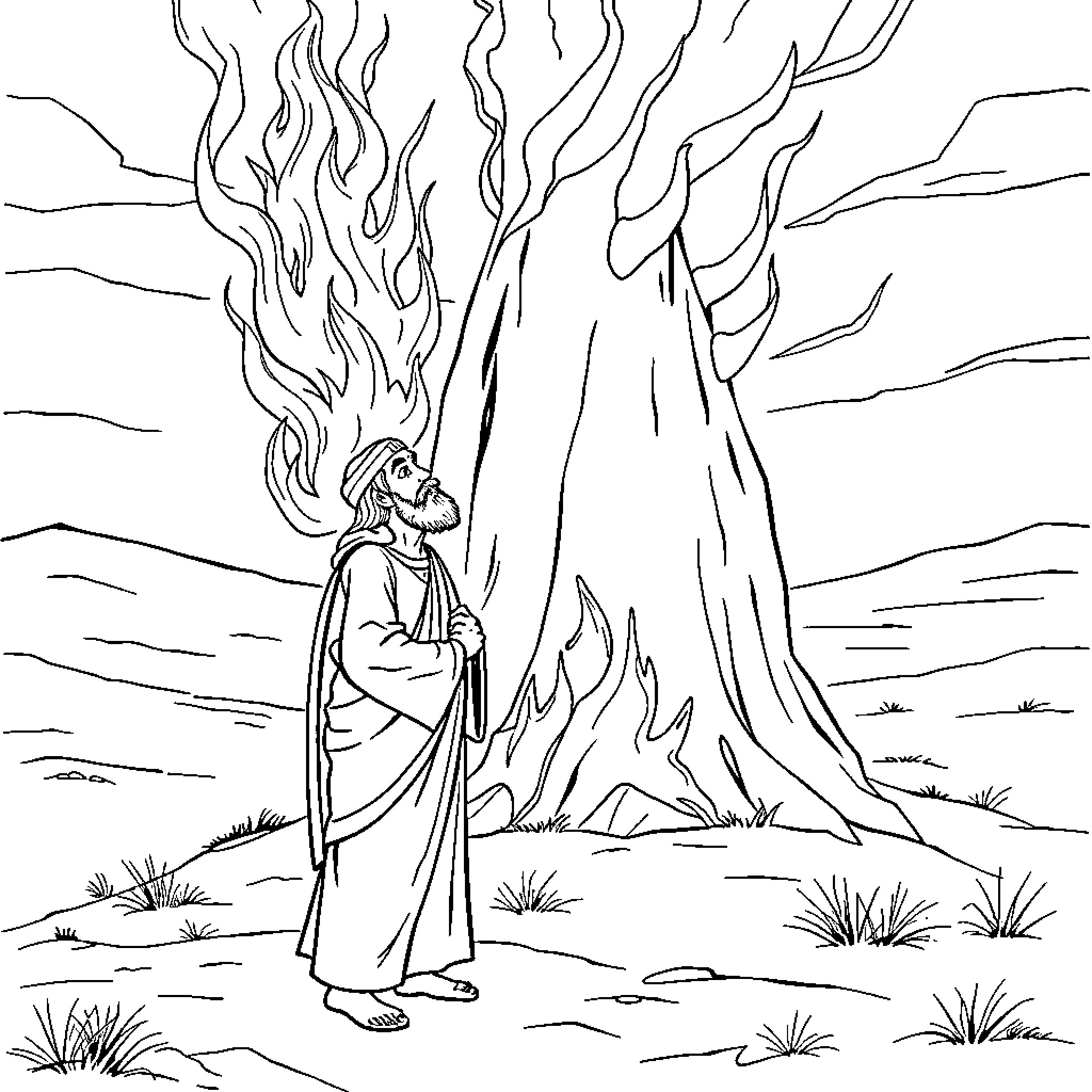 Moses in the Burning Bush Coloring Page (free black-and-white line drawing printable PDF for all, from beginners to advanced learners, including children, teens, adults, and seniors)