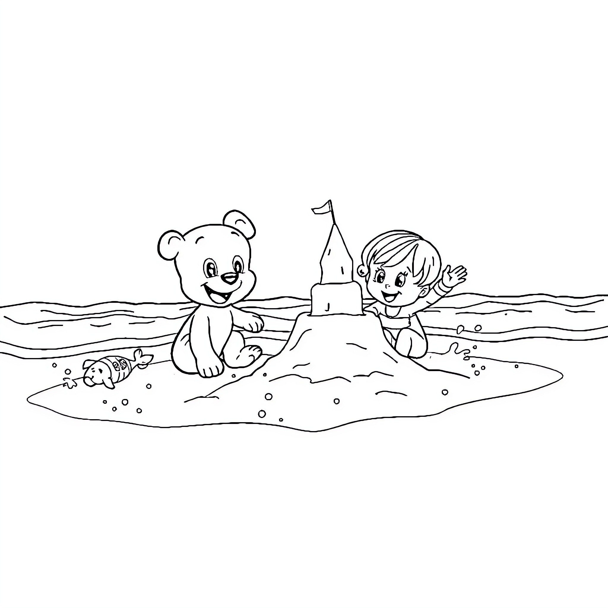 Bluey and friend playing at the beach Coloring Page (free black-and-white line drawing printable PDF for all, from beginners to advanced learners, including children, teens, adults, and seniors)