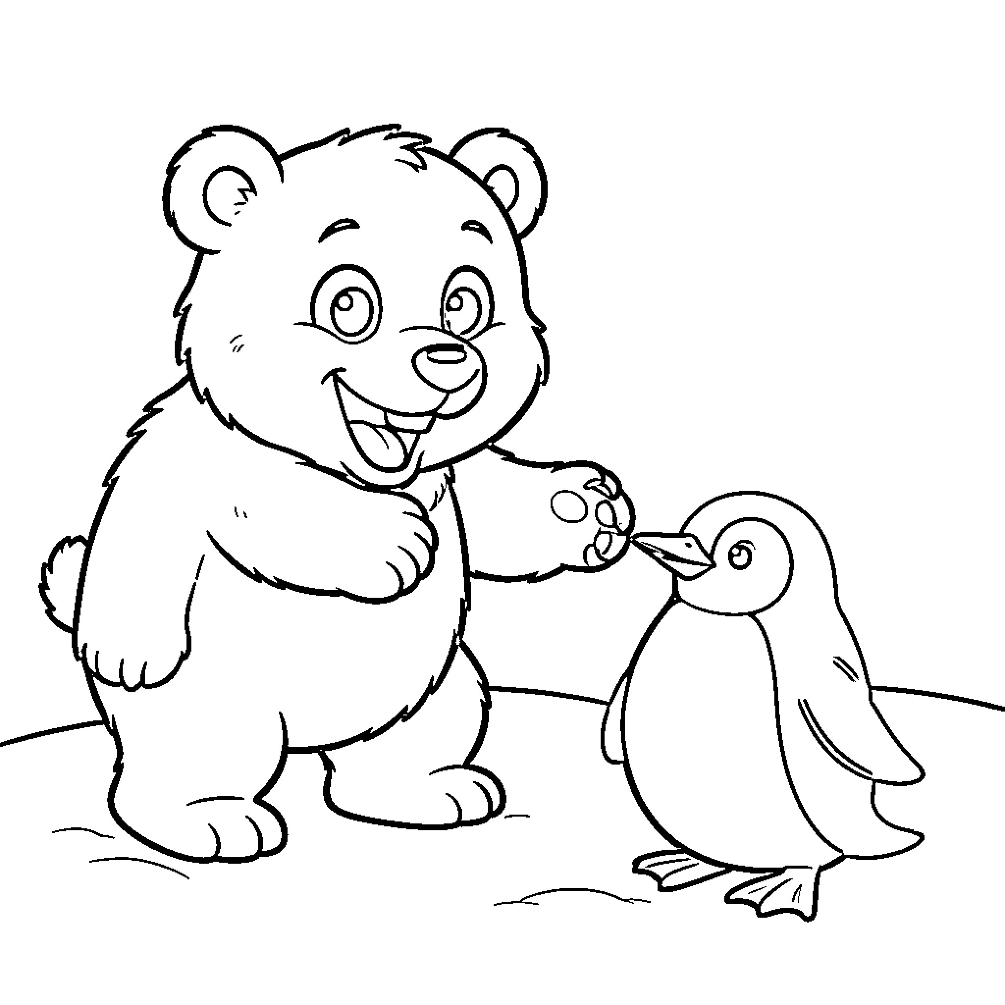 Bear playing happily with penguin Coloring Page (free black-and-white line drawing printable PDF for all, from beginners to advanced learners, including children, teens, adults, and seniors)