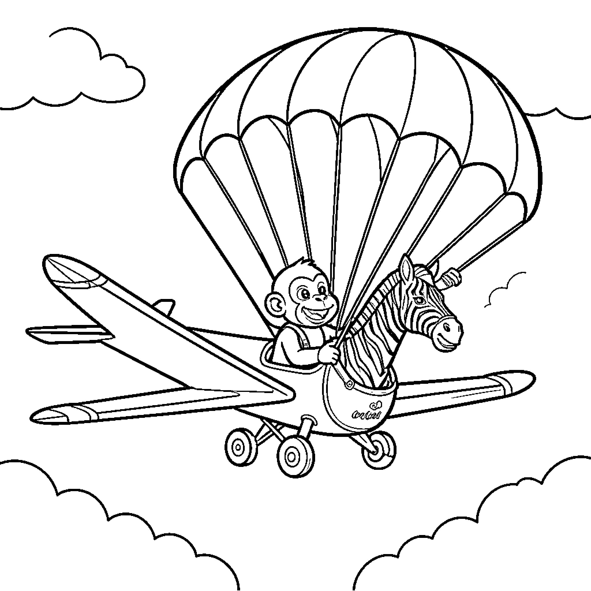 Avión volando con mono y cebra en paracaídas Coloring Page (free black-and-white line drawing printable PDF for all, from beginners to advanced learners, including children, teens, adults, and seniors)