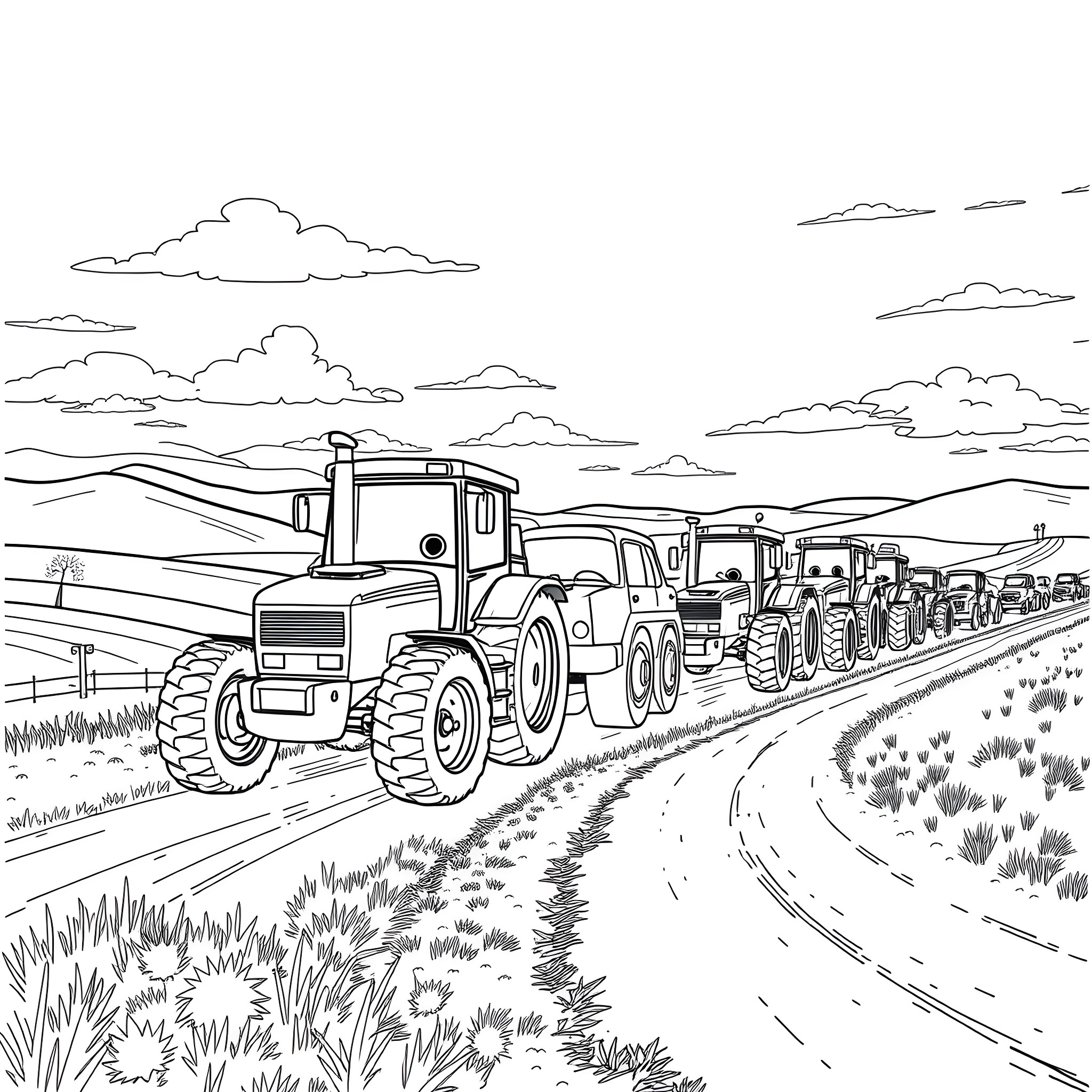 Lightning McQueen's farm adventure with a fleet of tractors Coloring Page (free black-and-white line drawing printable PDF for all, from beginners to advanced learners, including children, teens, adults, and seniors)