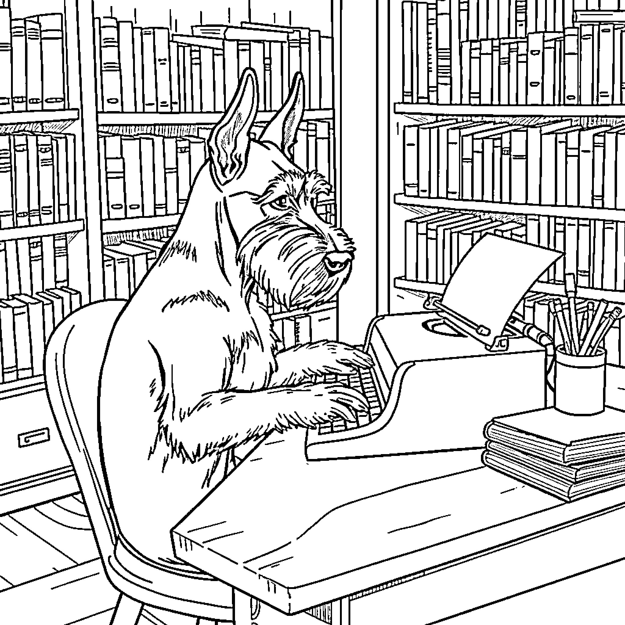 Schnauzer Studying Diligently in the Library Coloring Page (free black-and-white line drawing printable PDF for all, from beginners to advanced learners, including children, teens, adults, and seniors)