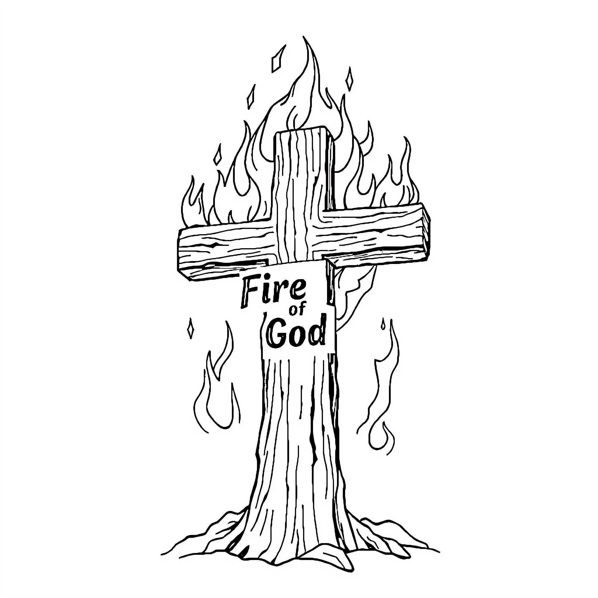 Cross of Eternal Flames Representing God's Spirit Coloring Page (free black-and-white line drawing printable PDF for all, from beginners to advanced learners, including children, teens, adults, and seniors)