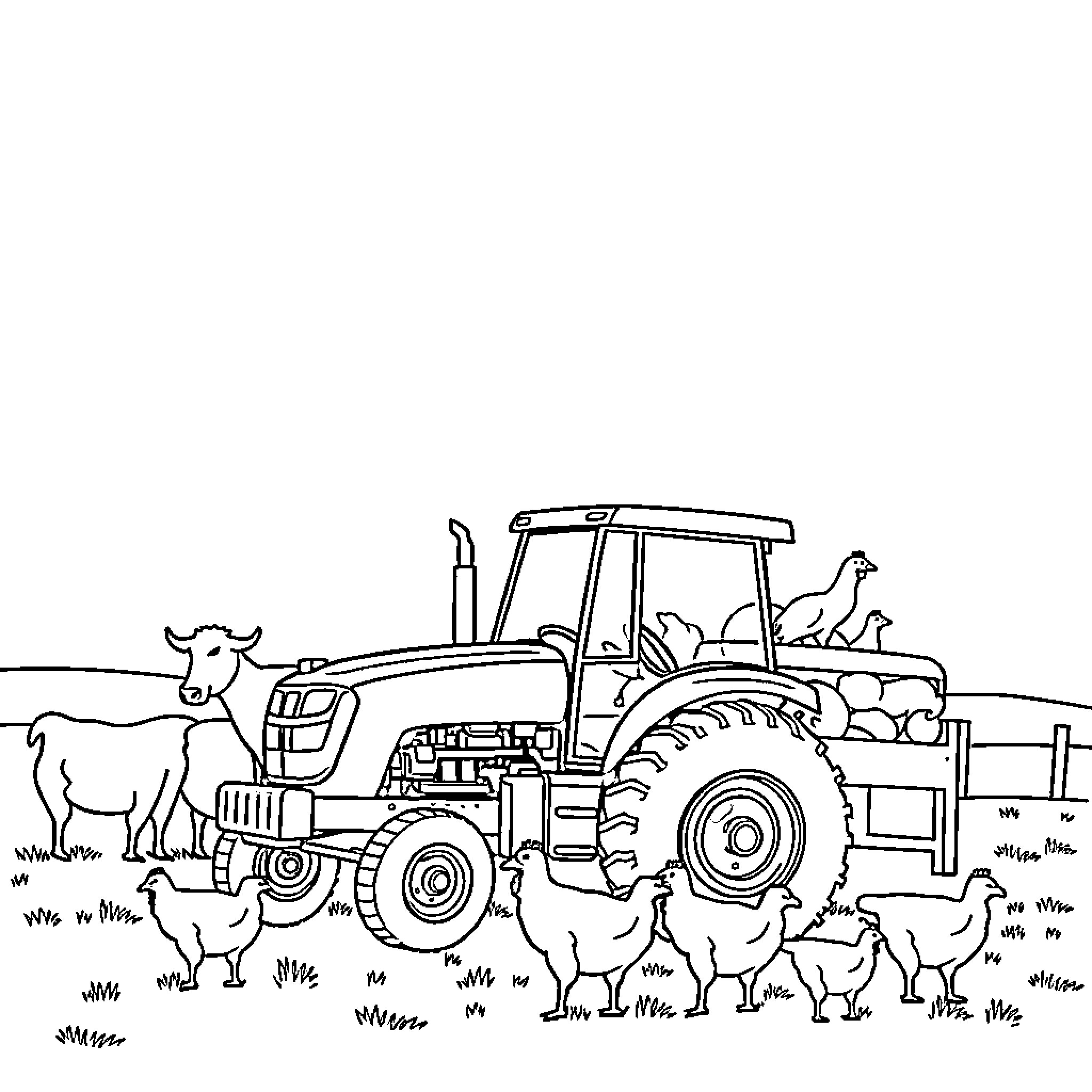 Tractor driving with farm animals nearby Coloring Page (free black-and-white line drawing printable PDF for all, from beginners to advanced learners, including children, teens, adults, and seniors)