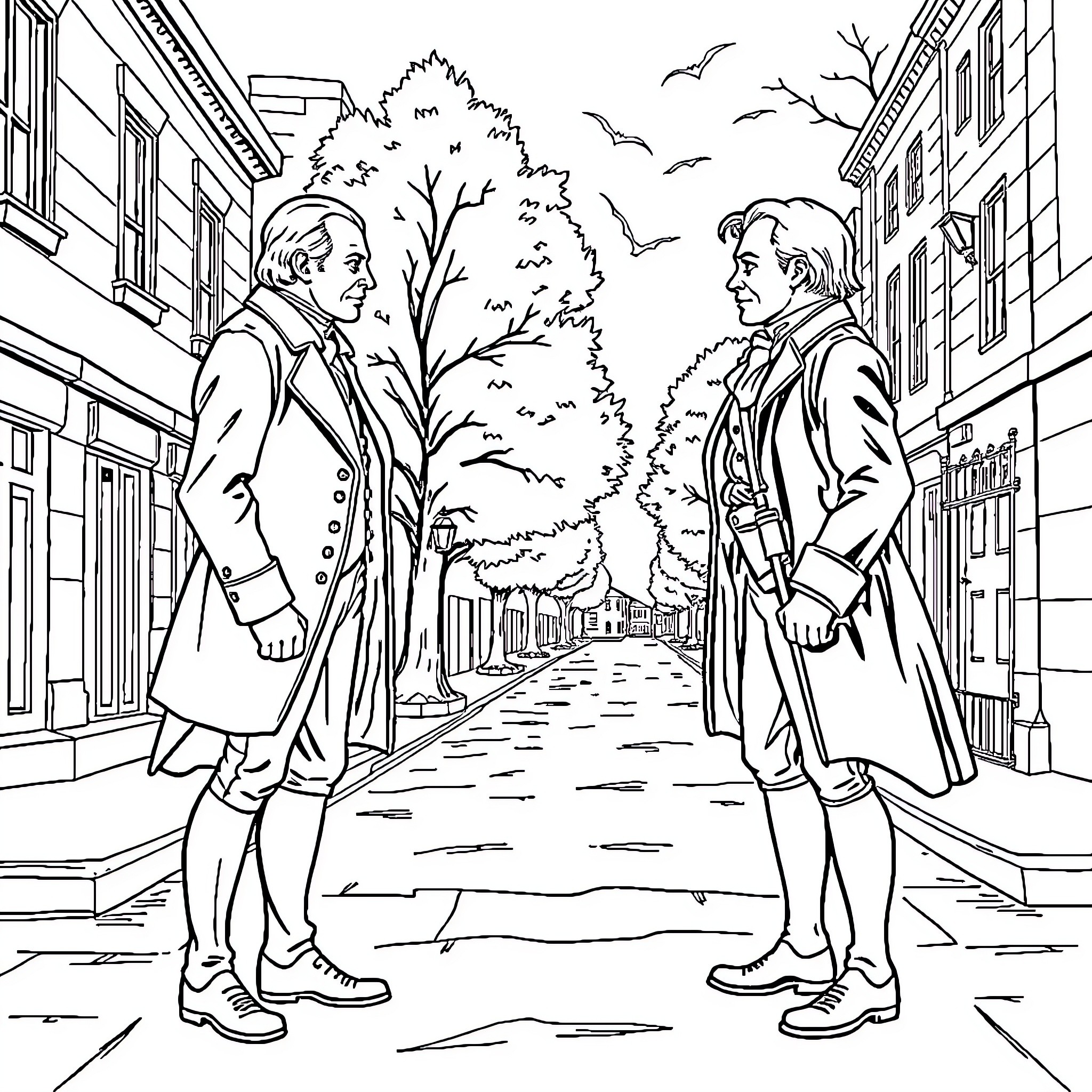 James Madison and Companion Strolling on a City Street Coloring Page (free black-and-white line drawing printable PDF for all, from beginners to advanced learners, including children, teens, adults, and seniors)