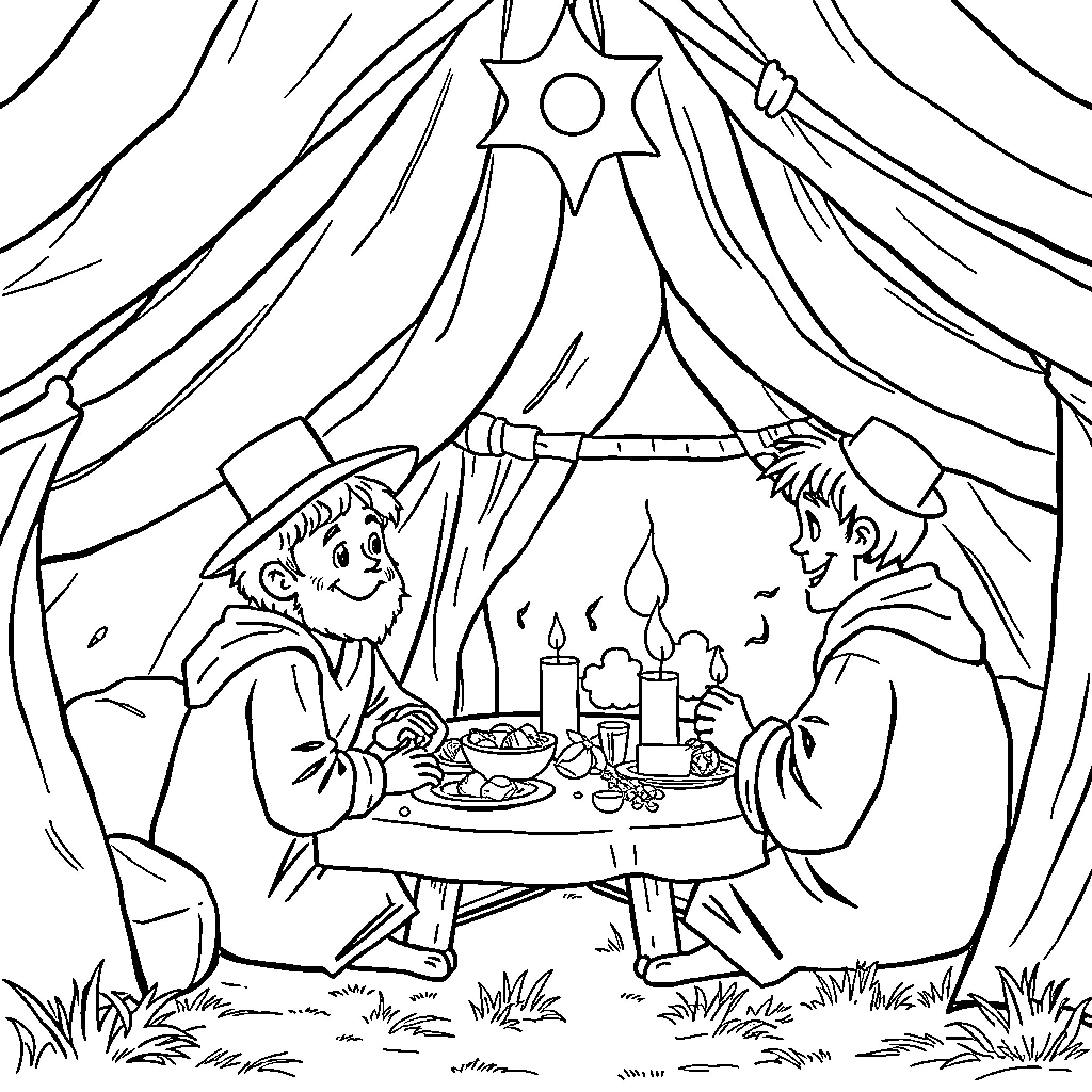 Boy enjoying a festive dinner under the night sky Coloring Page (free black-and-white line drawing printable PDF for all, from beginners to advanced learners, including children, teens, adults, and seniors)