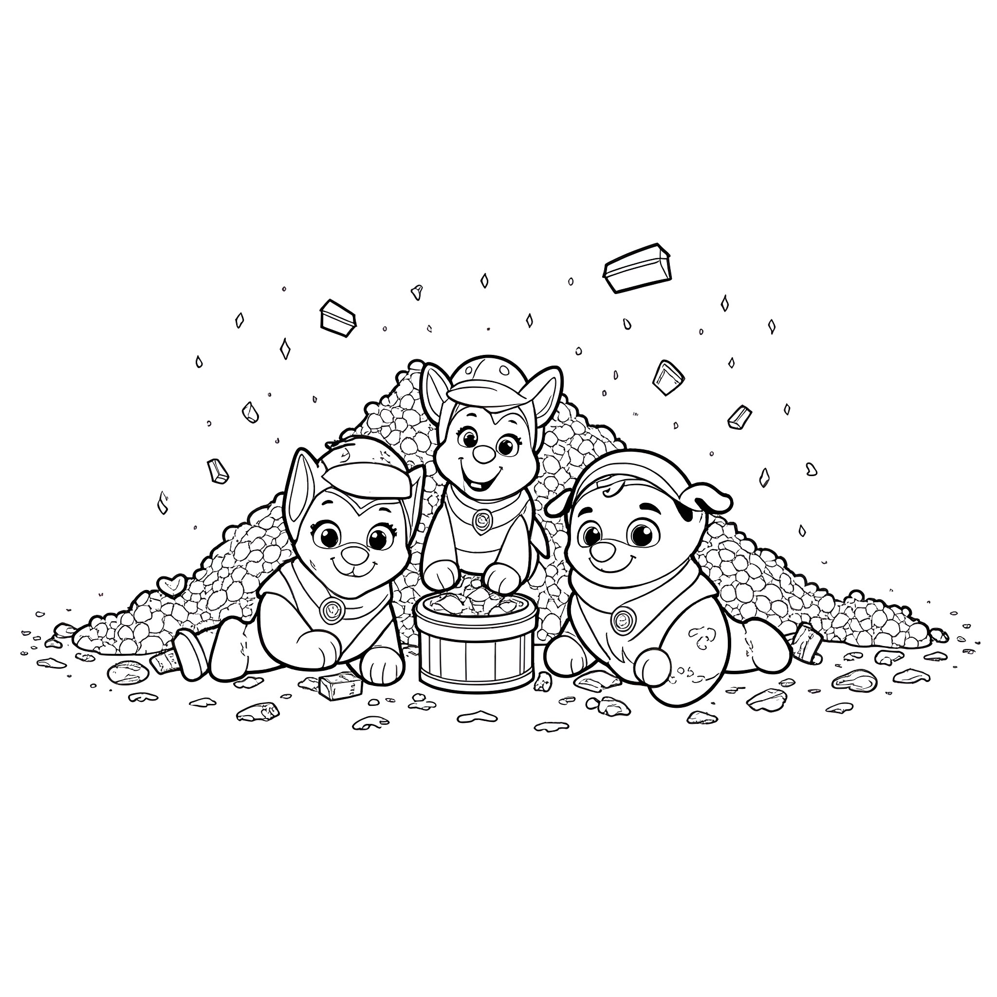 Paw Patrol characters playing together in the snow Coloring Page (free black-and-white line drawing printable PDF for all, from beginners to advanced learners, including children, teens, adults, and seniors)