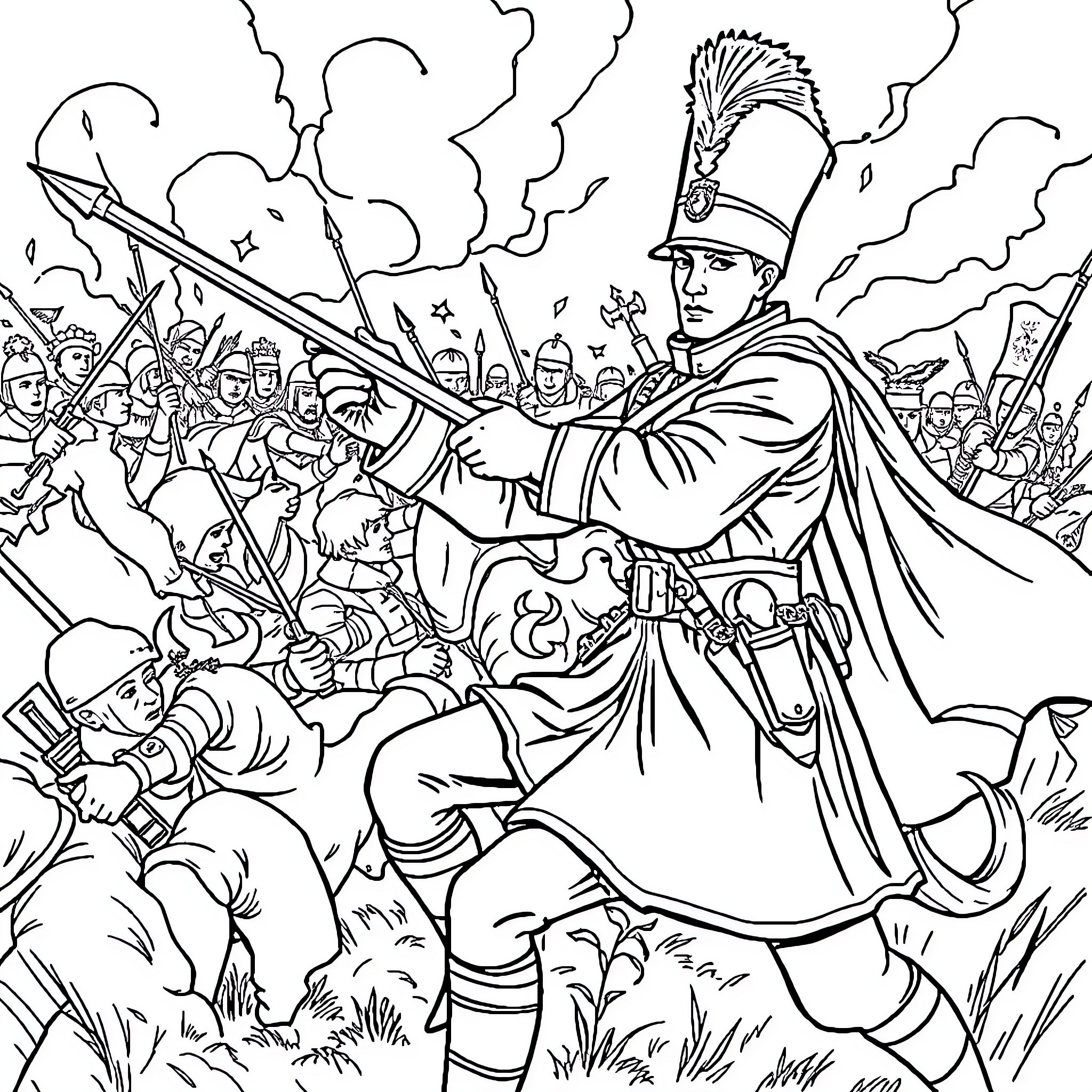 Soldier leading a battle charge against enemy forces Coloring Page (free black-and-white line drawing printable PDF for all, from beginners to advanced learners, including children, teens, adults, and seniors)